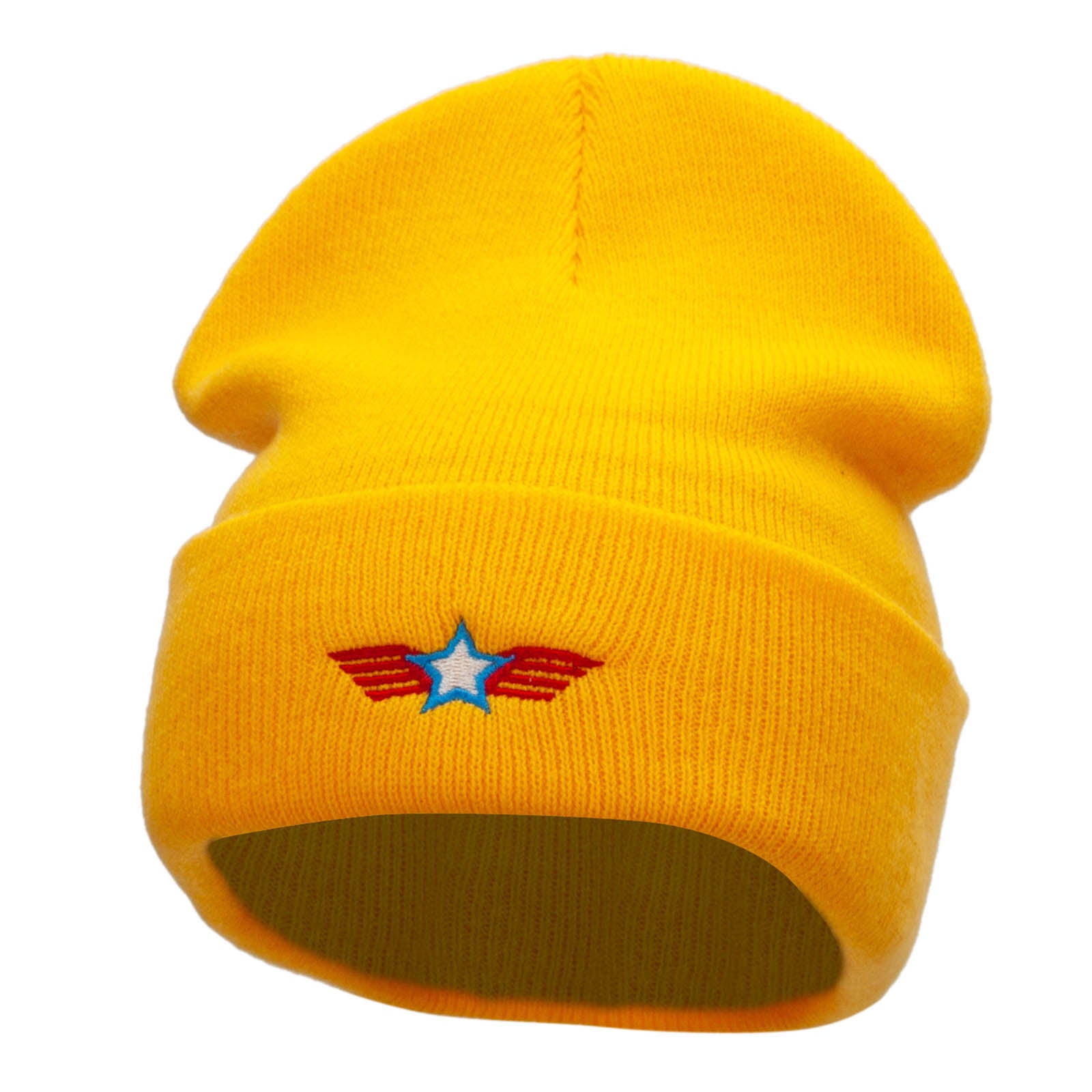 Winged Star Embroidered 12 Inch Long Knitted Beanie - Yellow OSFM
