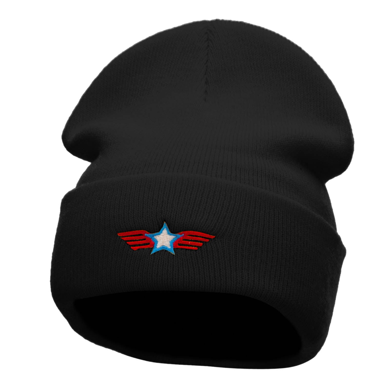 Winged Star Embroidered 12 Inch Long Knitted Beanie - Black OSFM