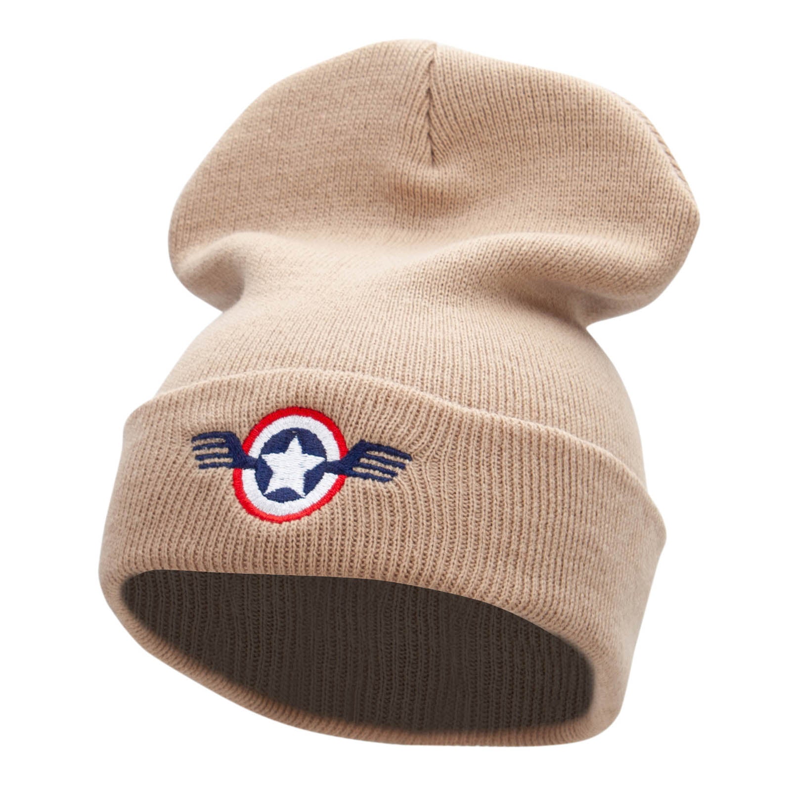 Flying USA Seal Embroidered 12 Inch Solid Long Beanie Made in USA - Khaki OSFM