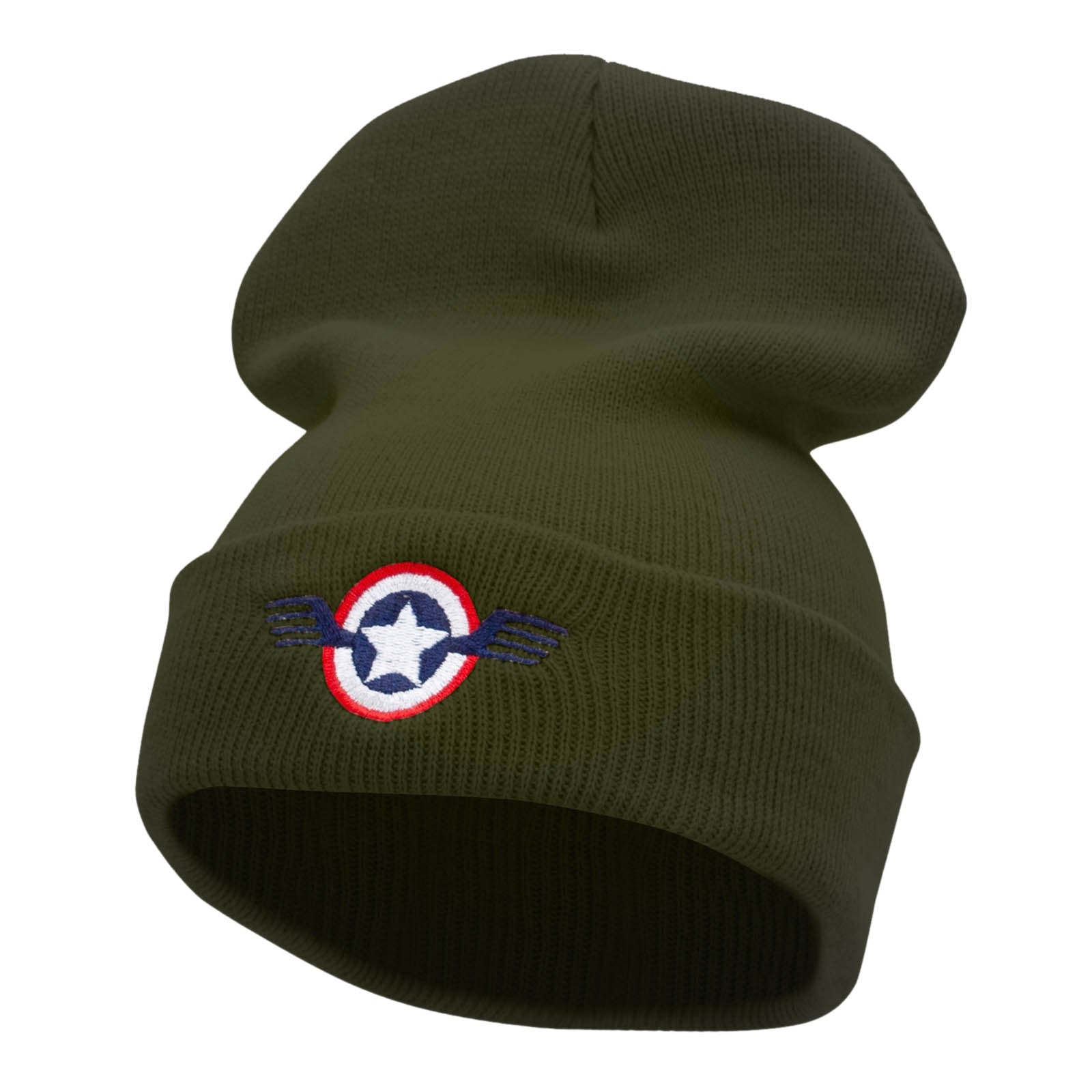 Flying USA Seal Embroidered 12 Inch Solid Long Beanie Made in USA - Olive OSFM