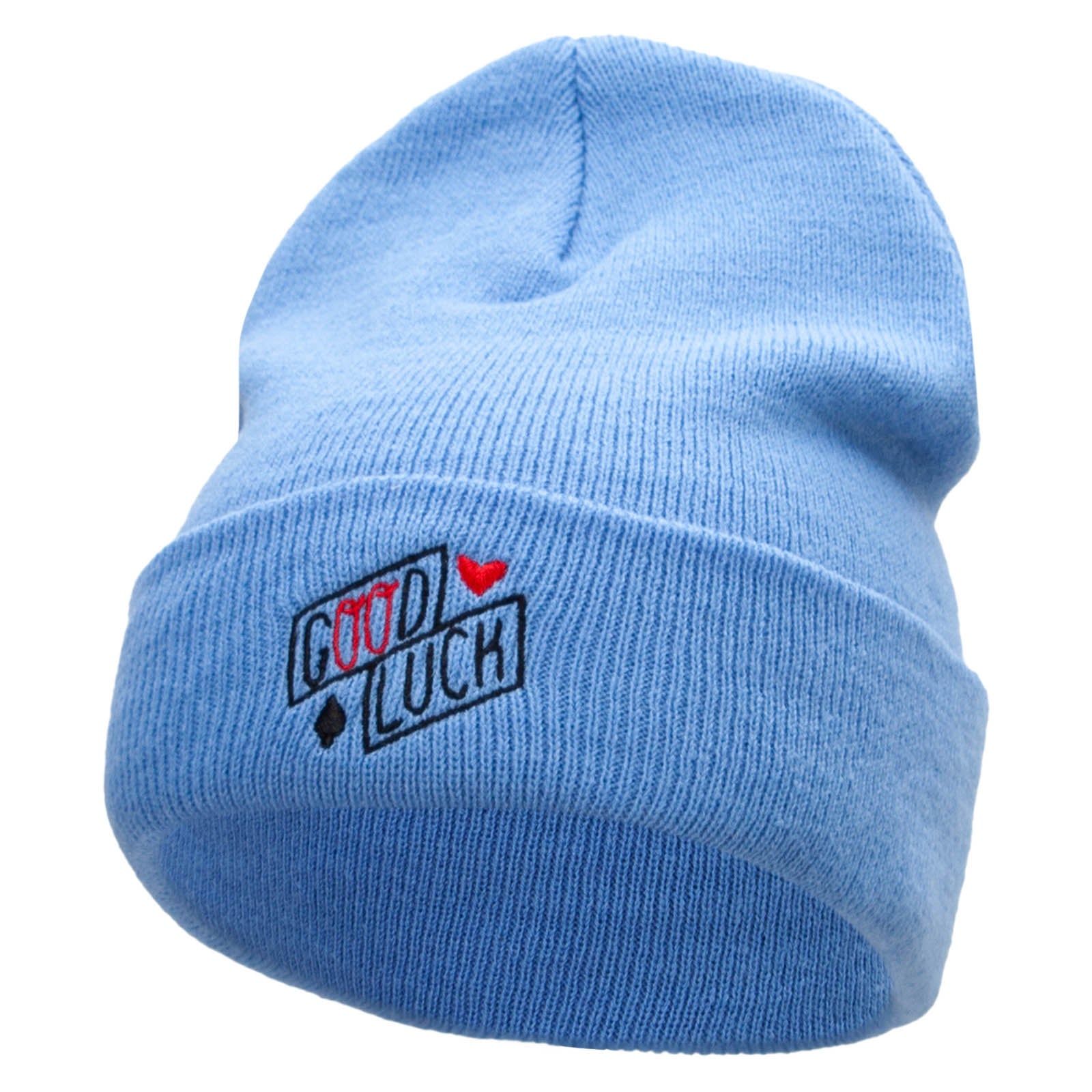 Good Luck Phrase Embroidered 12 Inch Long Knitted Beanie - Sky Blue OSFM