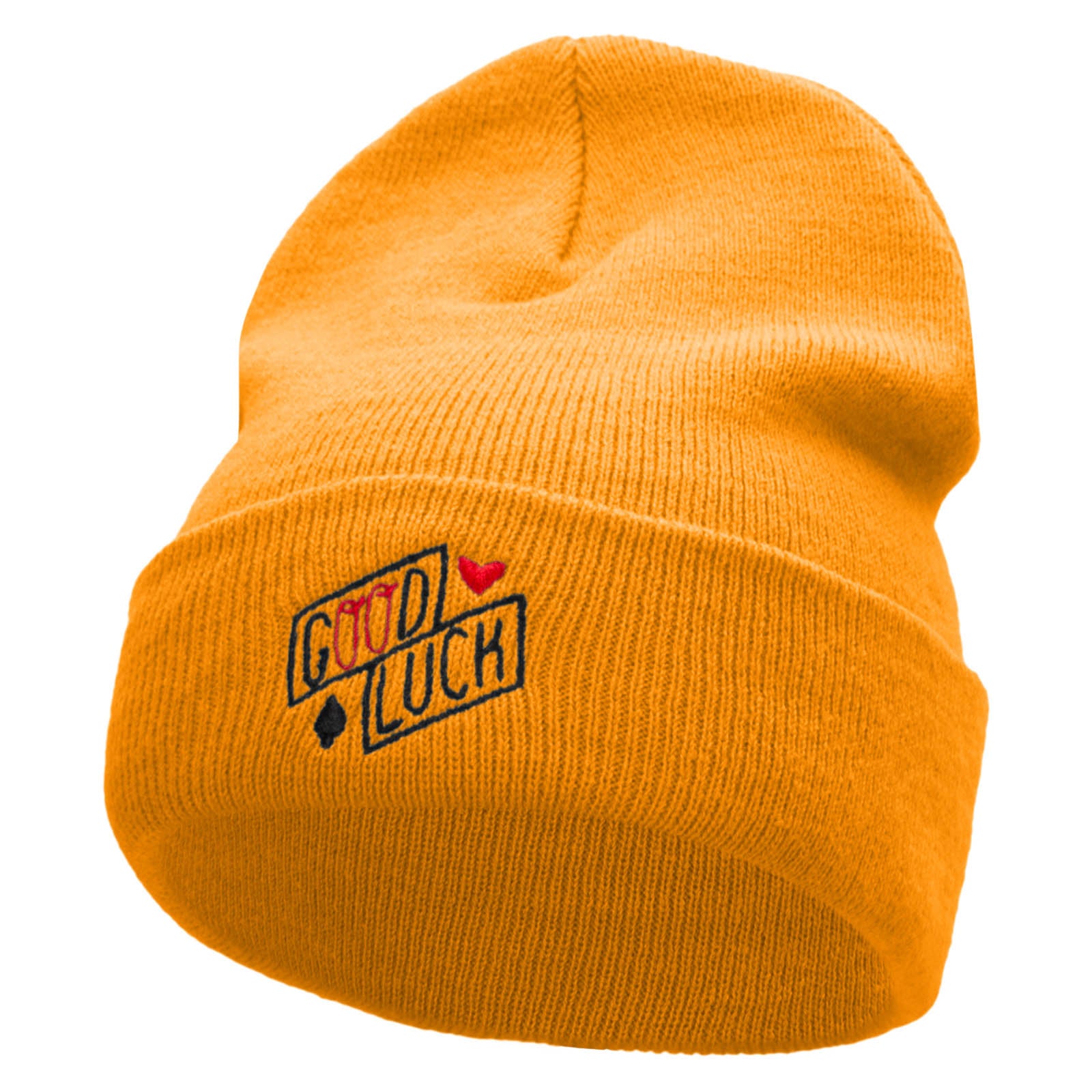 Good Luck Phrase Embroidered 12 Inch Long Knitted Beanie - Yellow OSFM