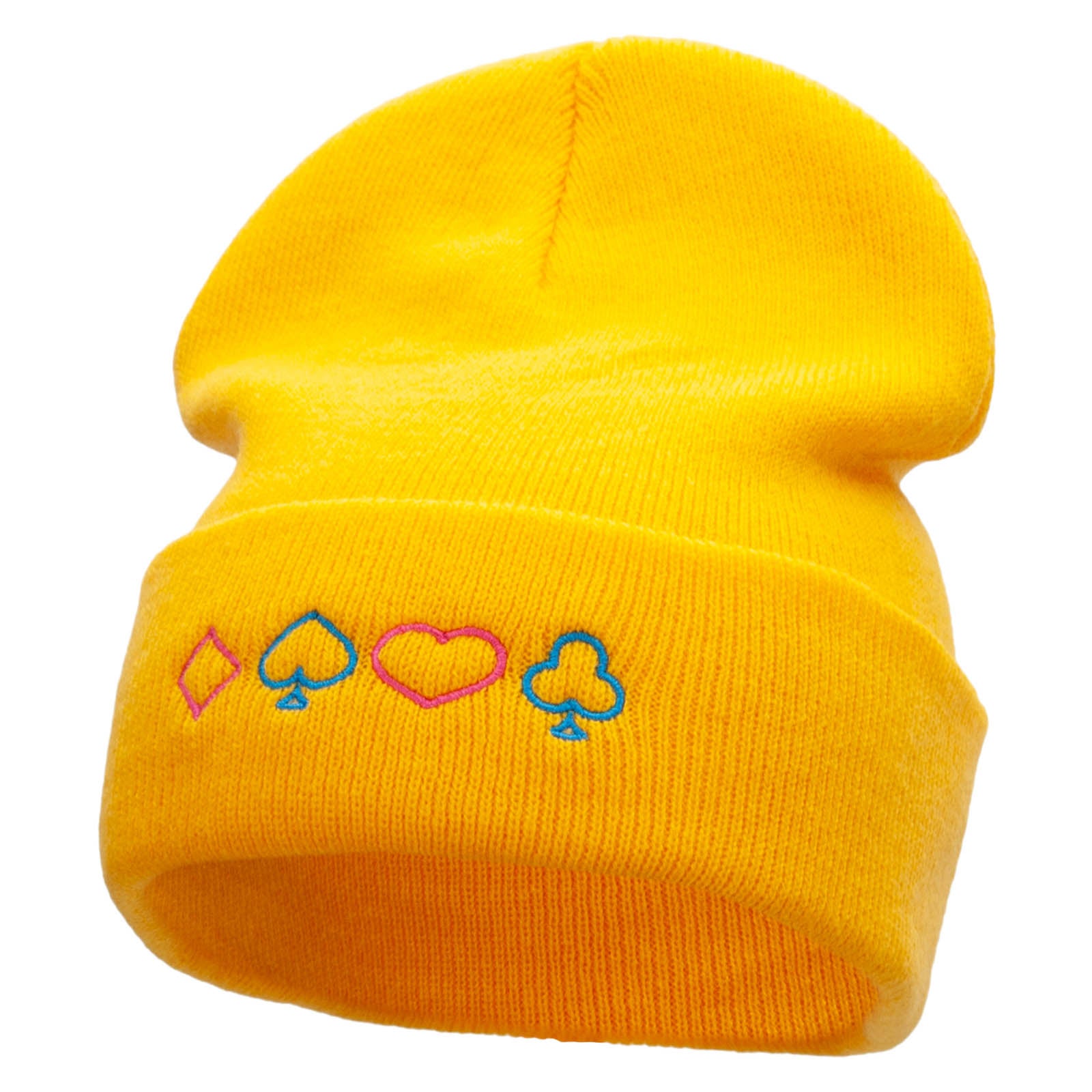 The Neon Card Suits Embroidered 12 Inch Long Knitted Beanie - Yellow OSFM