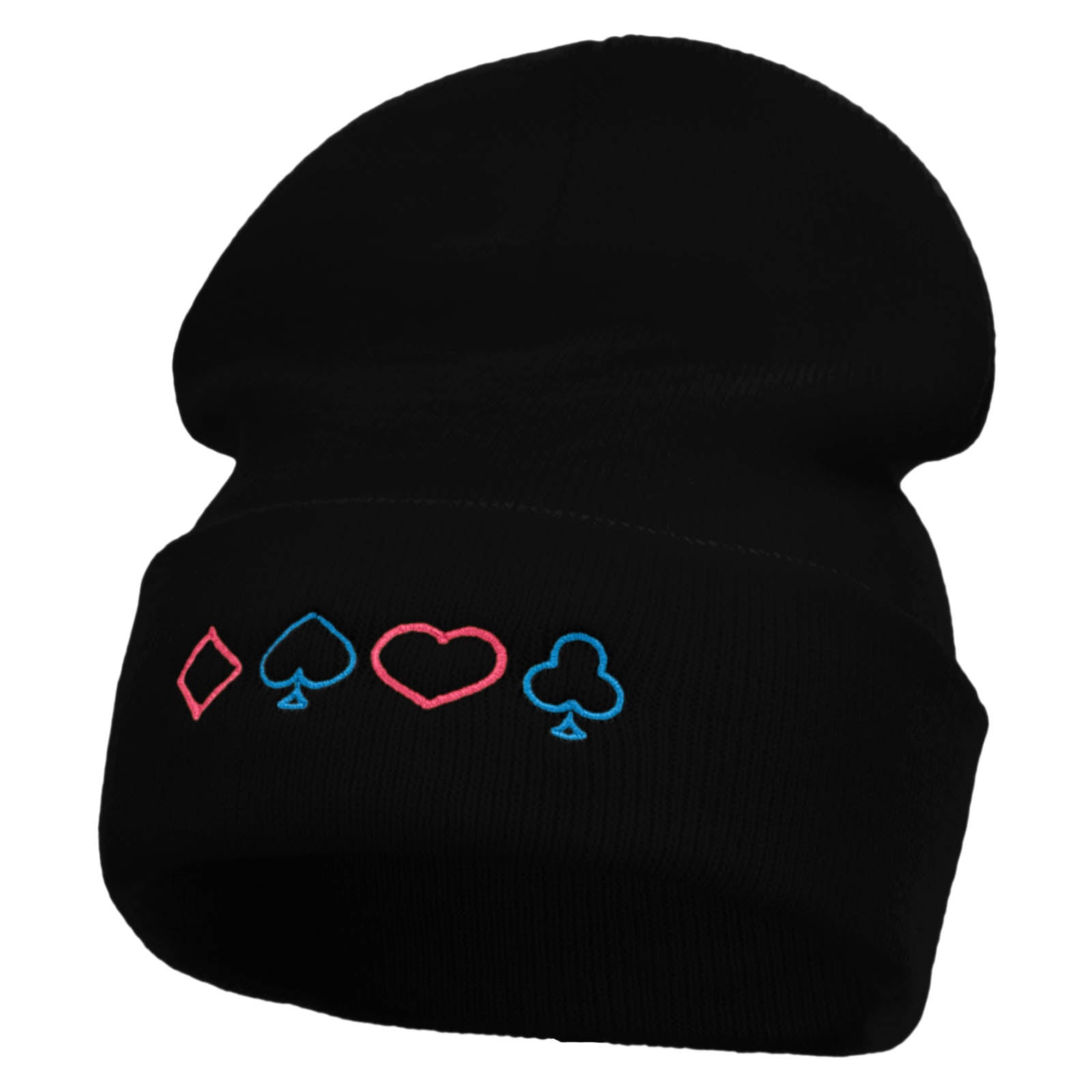The Neon Card Suits Embroidered 12 Inch Long Knitted Beanie - Black OSFM