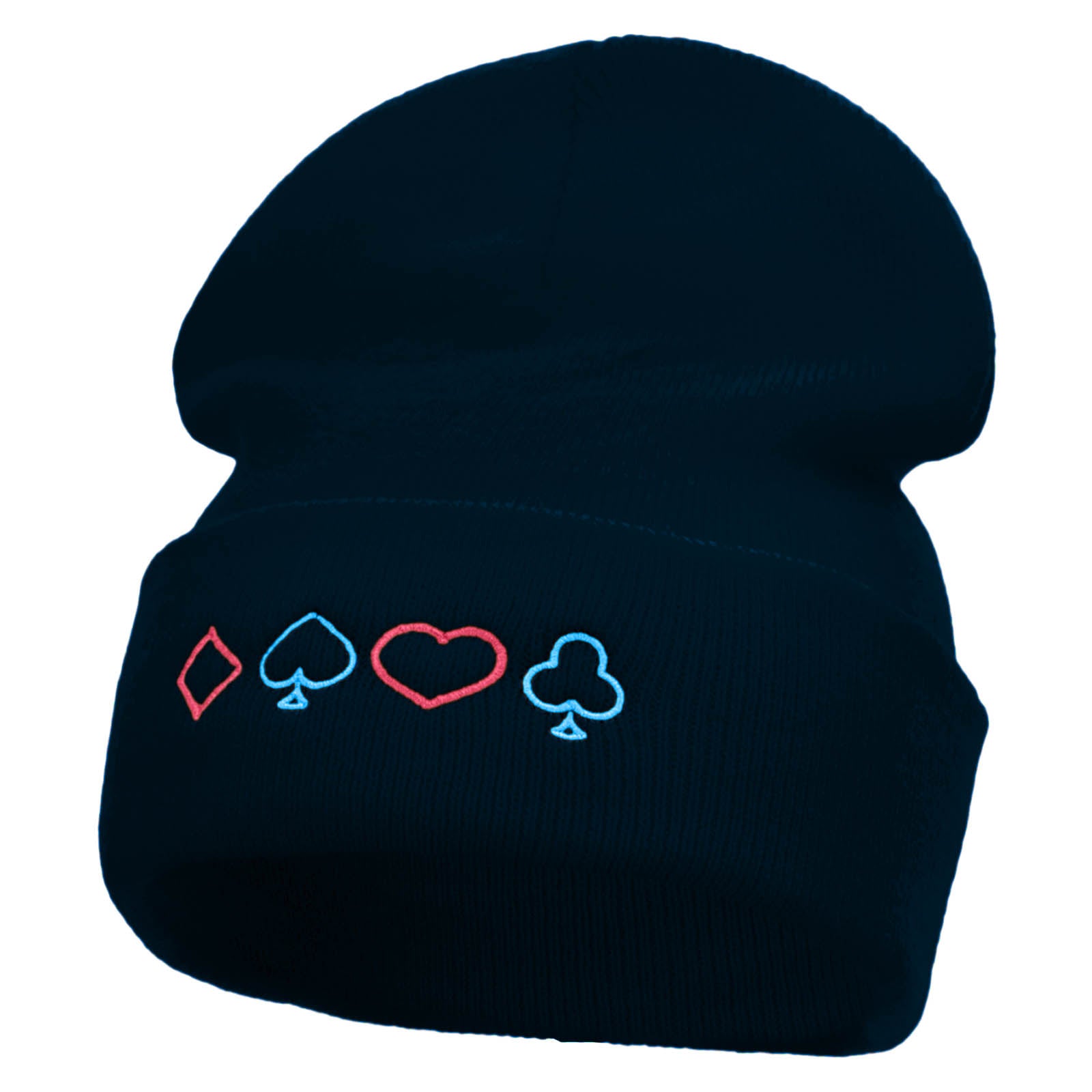 The Neon Card Suits Embroidered 12 Inch Long Knitted Beanie - Navy OSFM