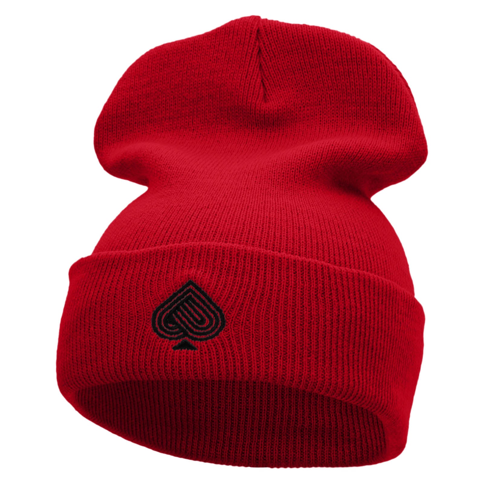 Stylized Spade Embroidered 12 Inch Solid Long Beanie Made in USA - Red OSFM