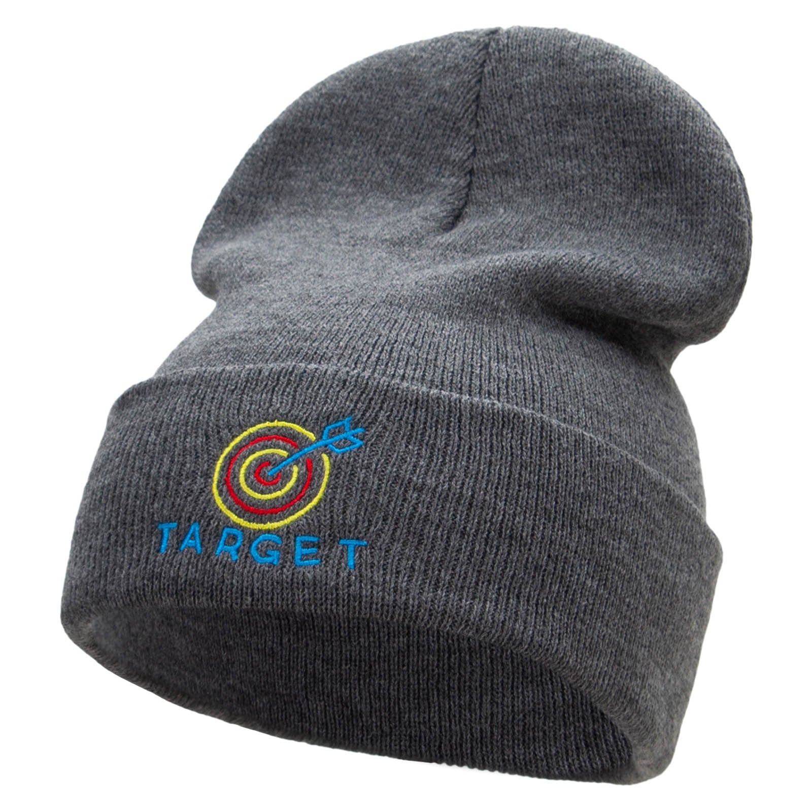 Neon Target Embroidered 12 Inch Long Knitted Beanie - Dk Grey OSFM