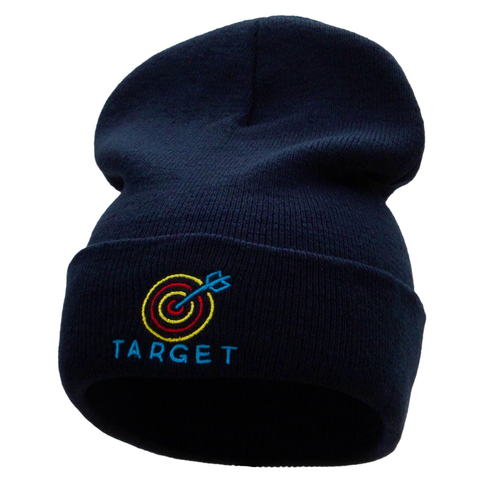 Neon Target Embroidered 12 Inch Long Knitted Beanie - Navy OSFM
