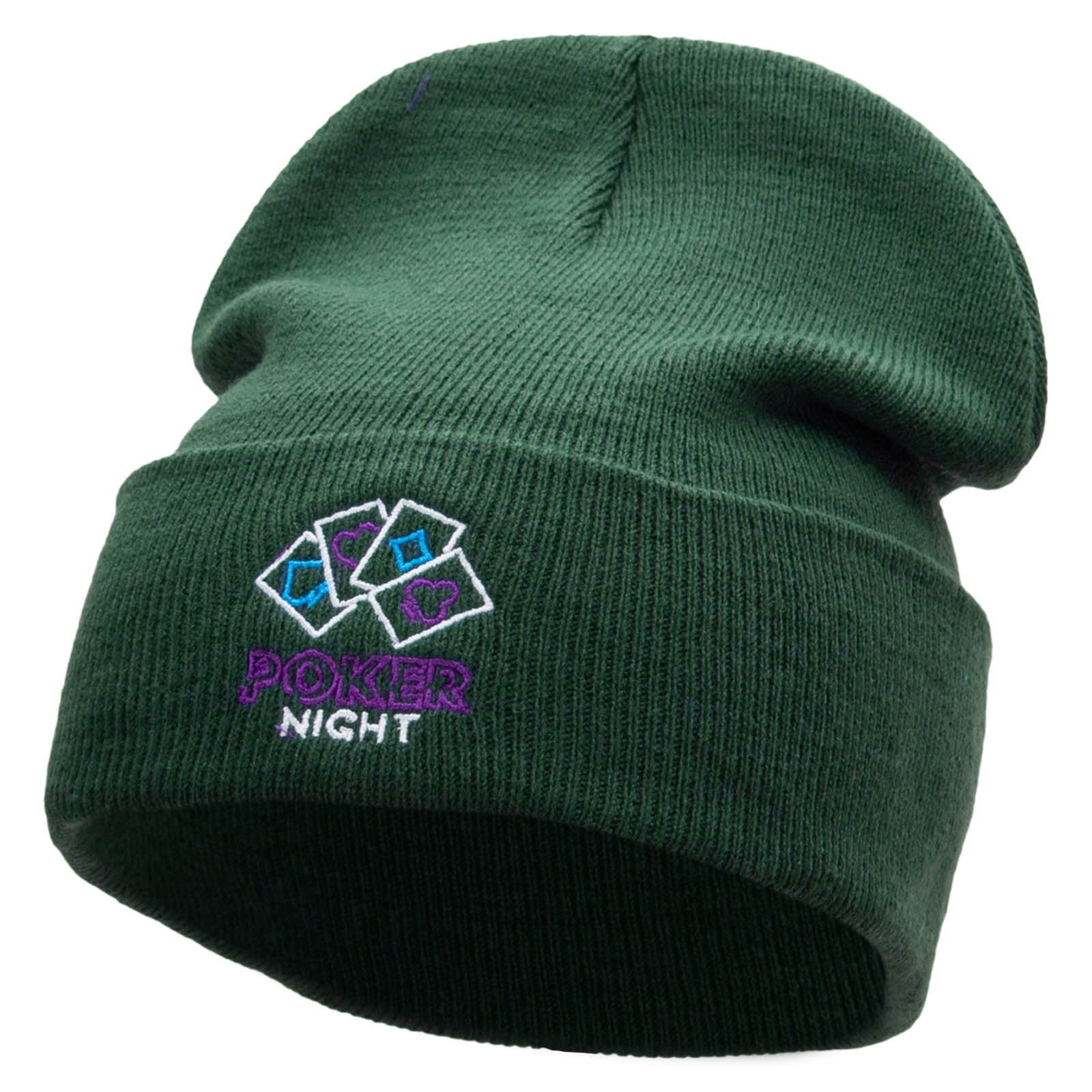 The Poker Night Embroidered 12 Inch Long Knitted Beanie - Dk Green OSFM