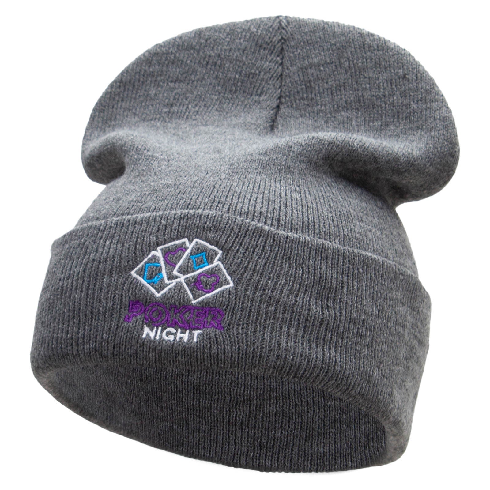The Poker Night Embroidered 12 Inch Long Knitted Beanie - Dk Grey OSFM