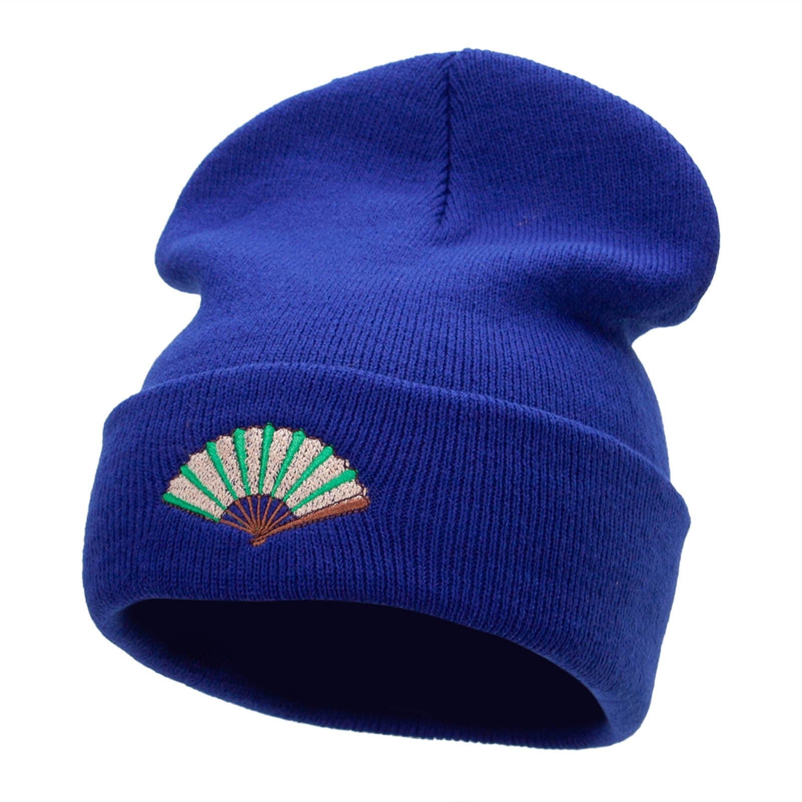 Foldable Fan Embroidered 12 Inch Long Knitted Beanie - Royal OSFM