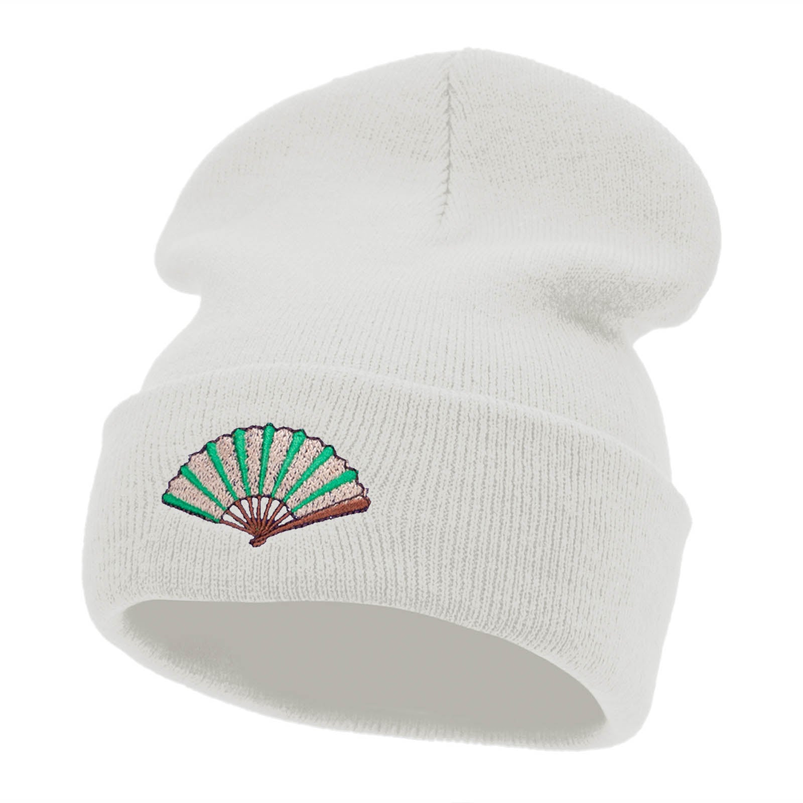 Foldable Fan Embroidered 12 Inch Long Knitted Beanie - White OSFM