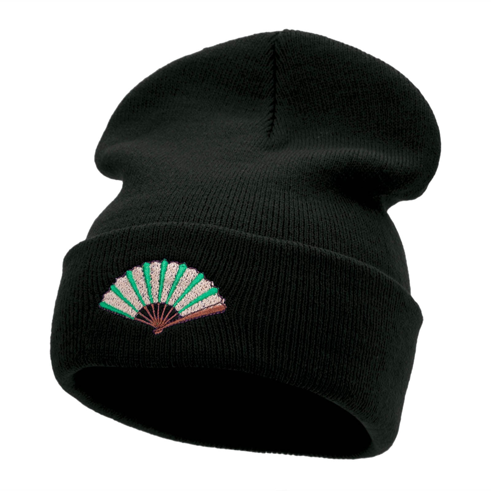 Foldable Fan Embroidered 12 Inch Long Knitted Beanie - Black OSFM