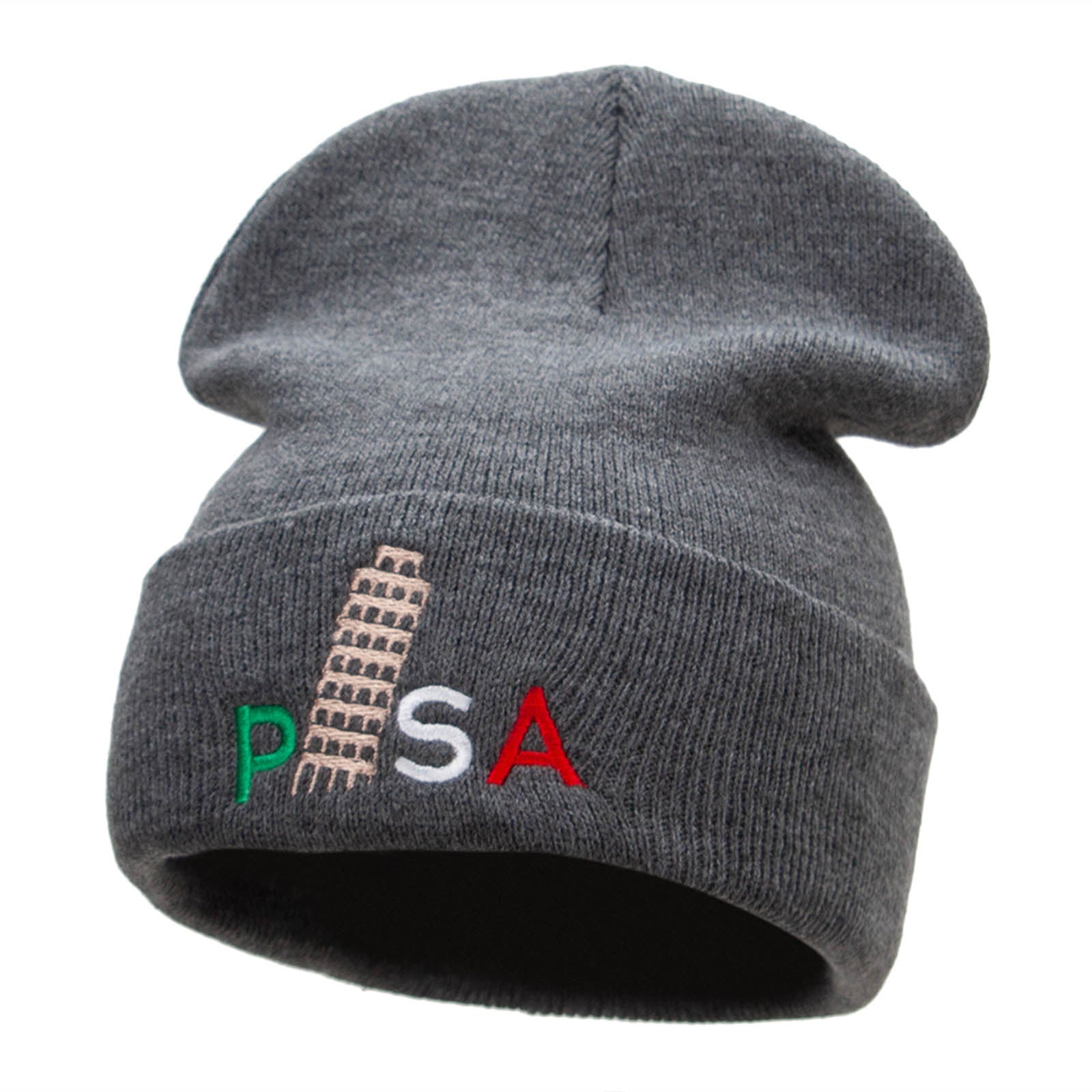 Pisa Embroidered 12 Inch Long Knitted Beanie - Dk Grey OSFM