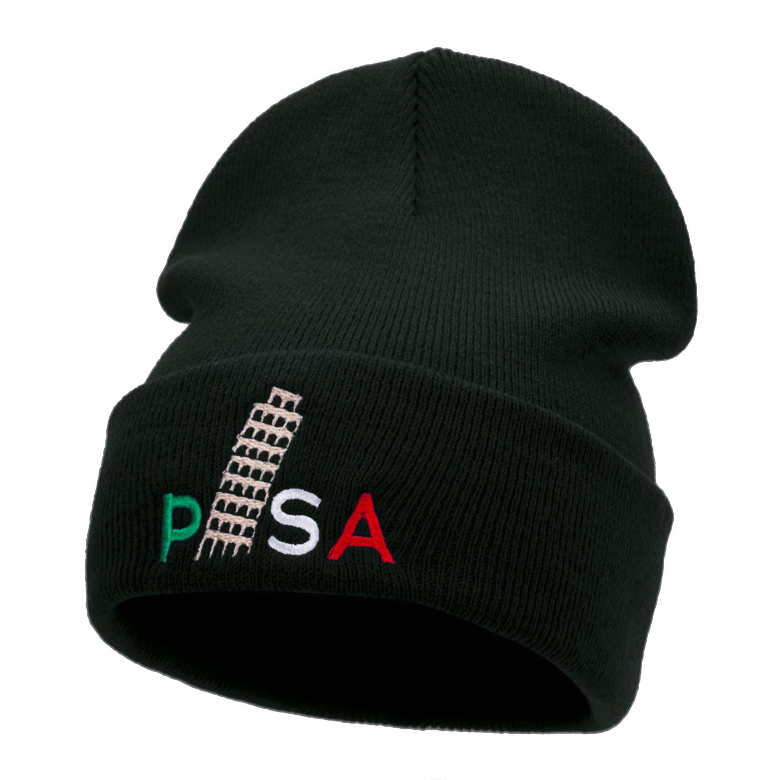 Pisa Embroidered 12 Inch Long Knitted Beanie - Black OSFM