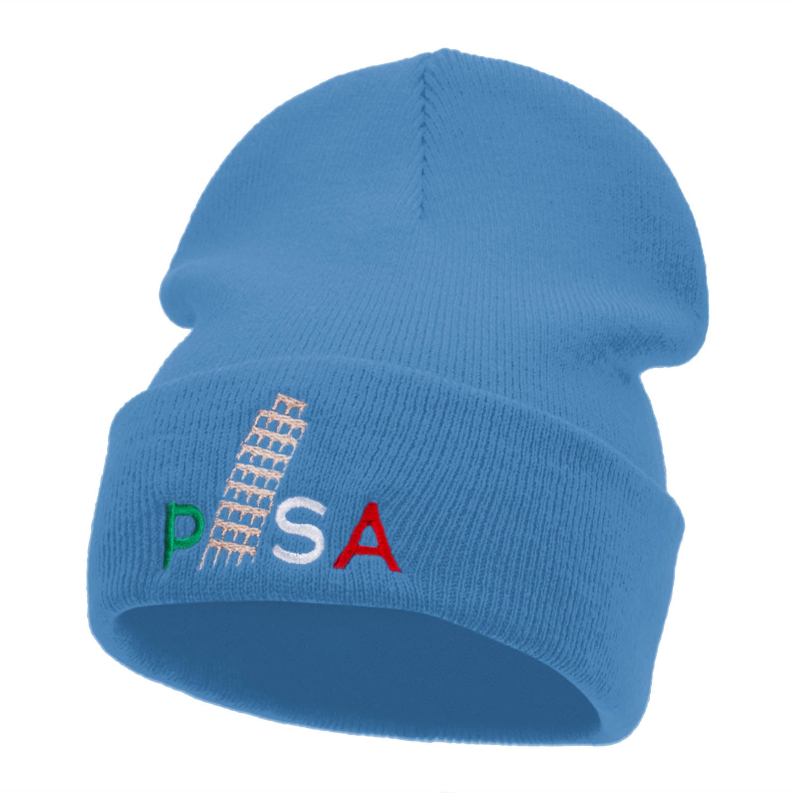 Pisa Embroidered 12 Inch Long Knitted Beanie - Sky Blue OSFM