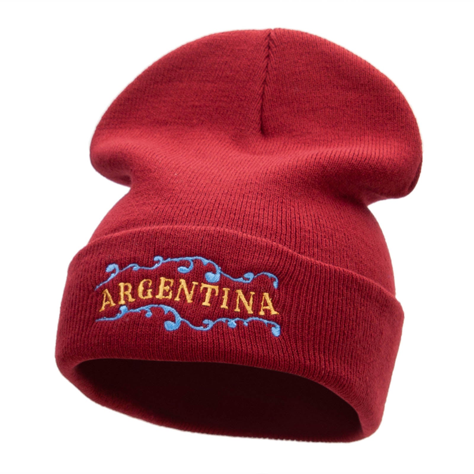 Argentina Embellishment Embroidered 12 Inch Long Knitted Beanie - Maroon OSFM