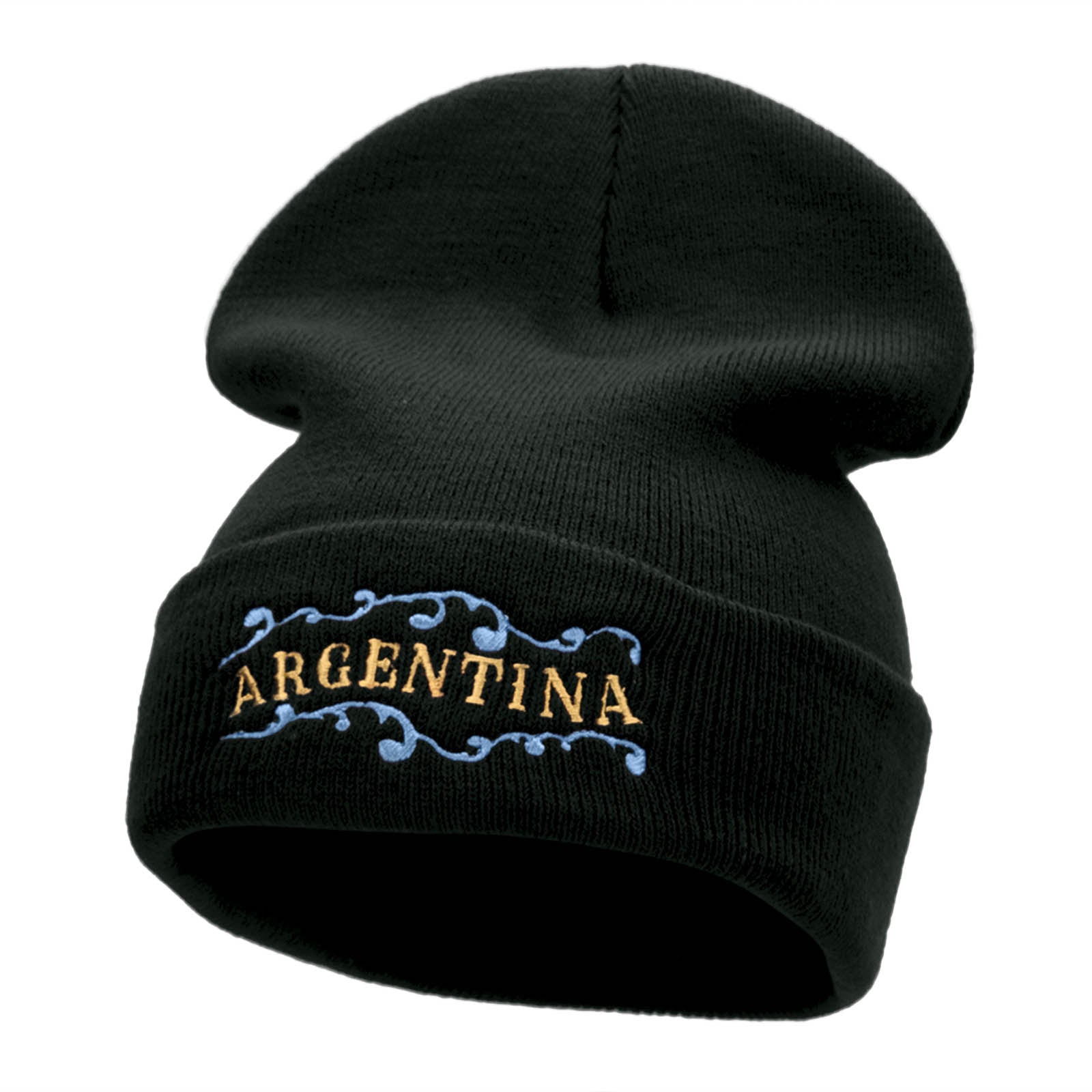 Argentina Embellishment Embroidered 12 Inch Long Knitted Beanie - Black OSFM
