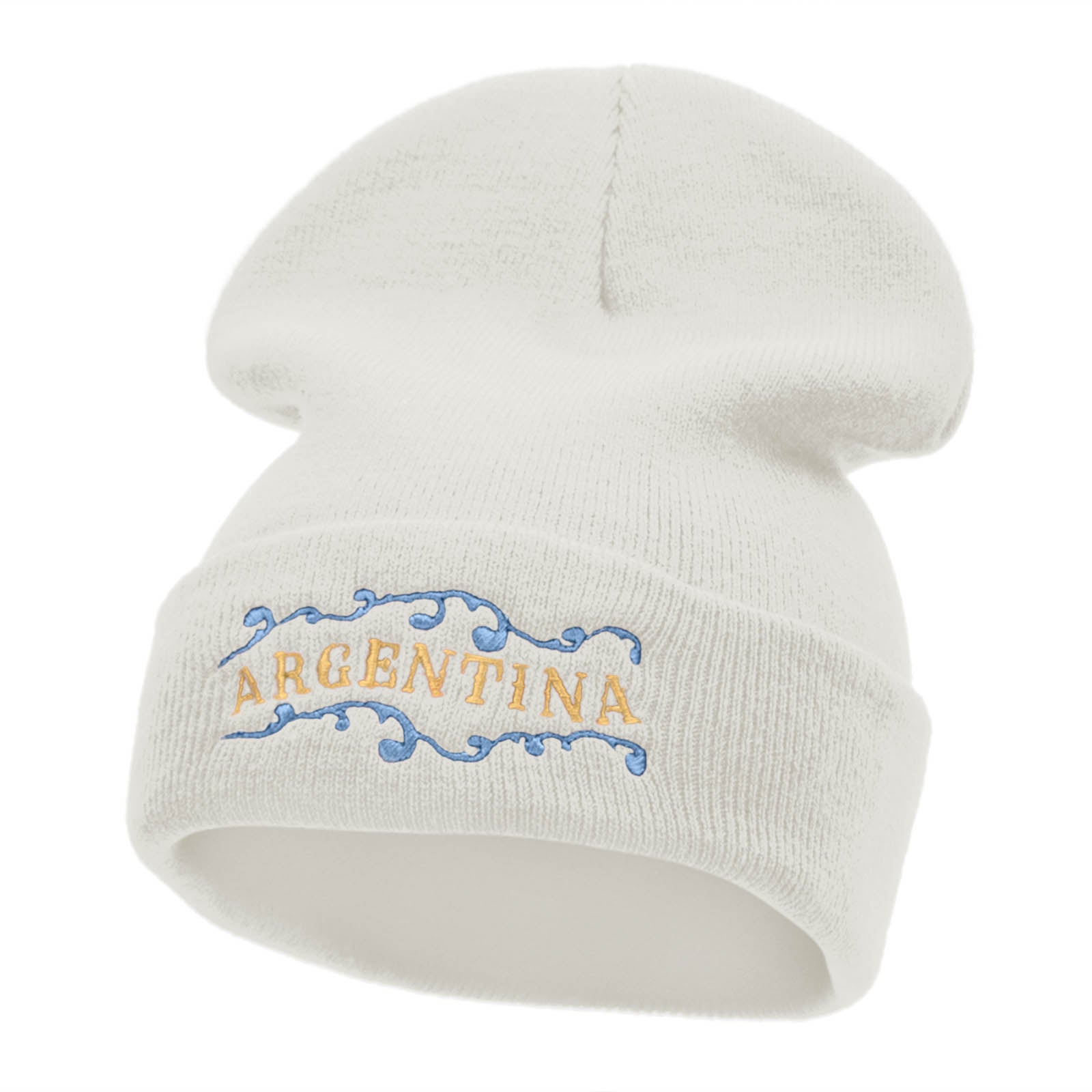 Argentina Embellishment Embroidered 12 Inch Long Knitted Beanie - White OSFM