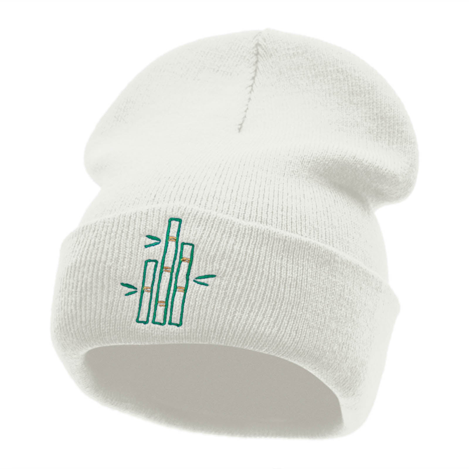 Bamboo Stalks Embroidered 12 Inch Long Knitted Beanie - White OSFM