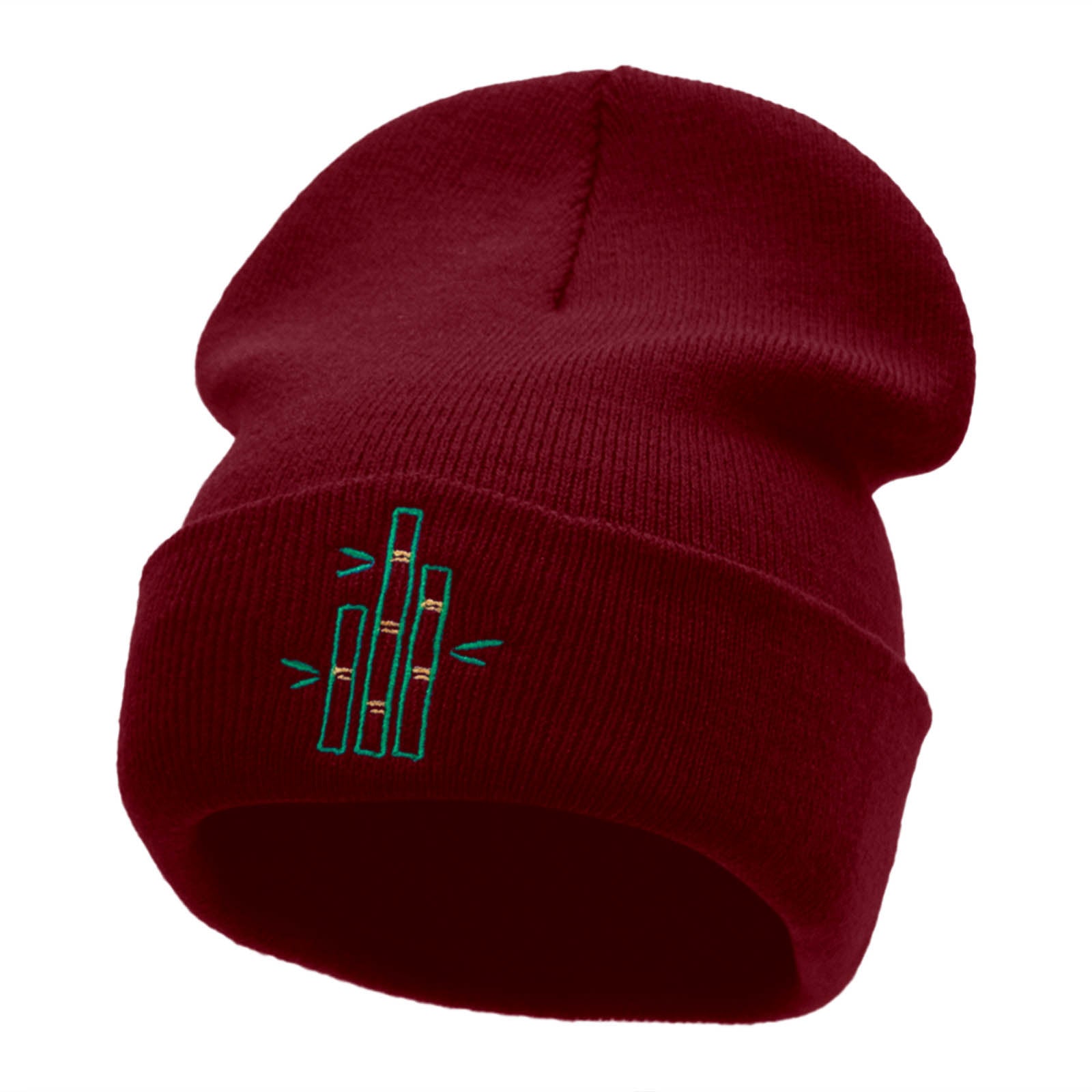 Bamboo Stalks Embroidered 12 Inch Long Knitted Beanie - Maroon OSFM