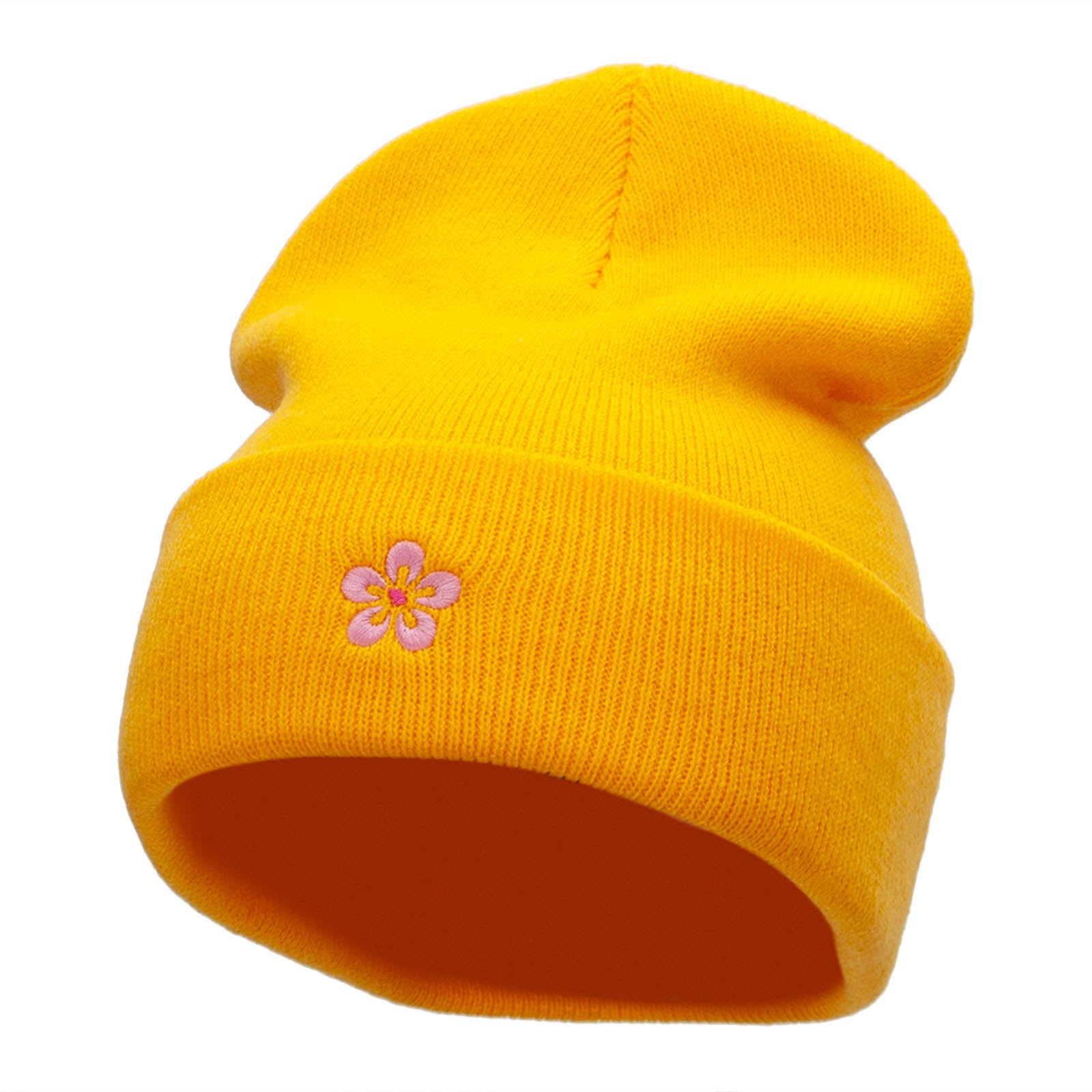 Japanese Cherry Blossom Embroidered 12 Inch Long Knitted Beanie - Yellow OSFM