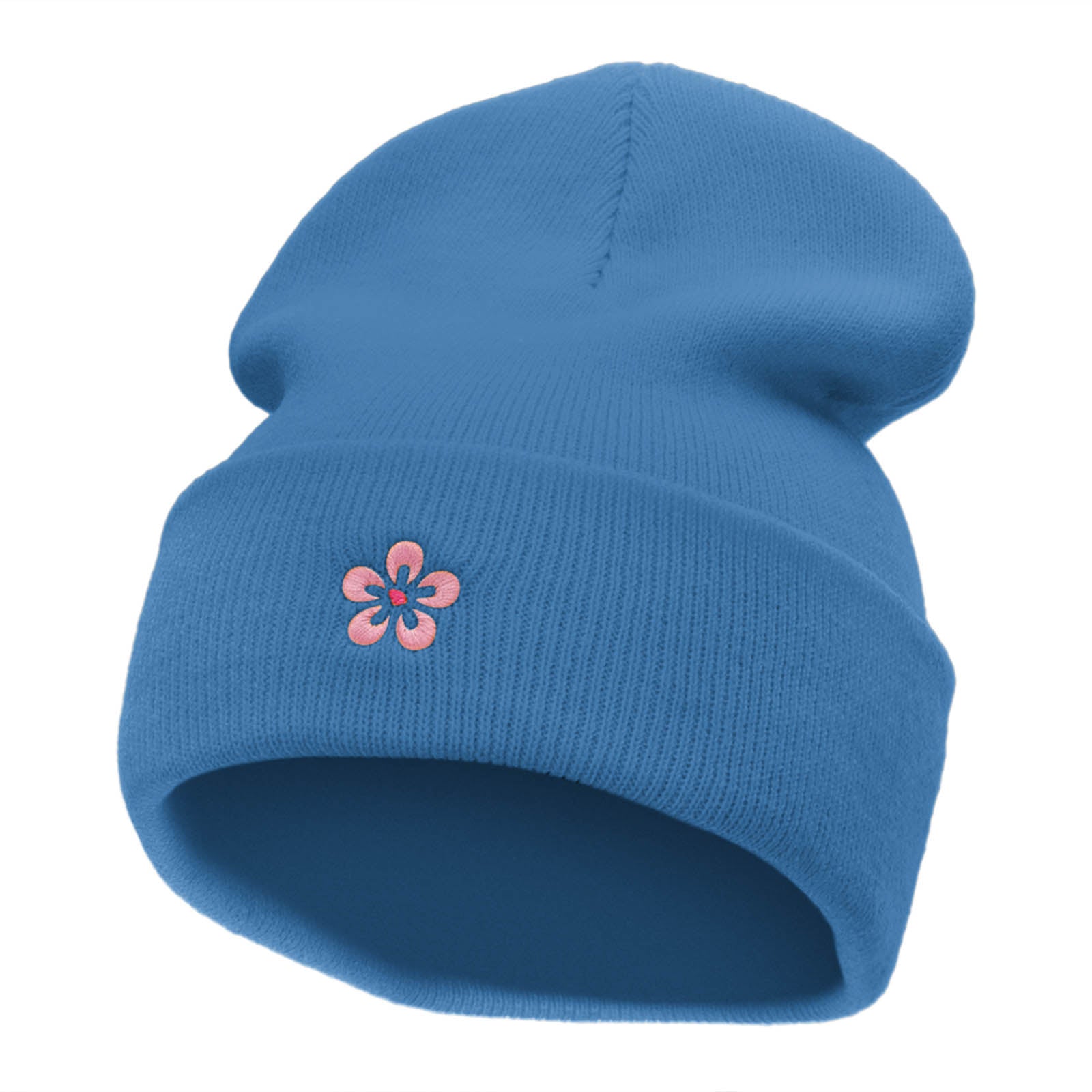 Japanese Cherry Blossom Embroidered 12 Inch Long Knitted Beanie - Sky Blue OSFM