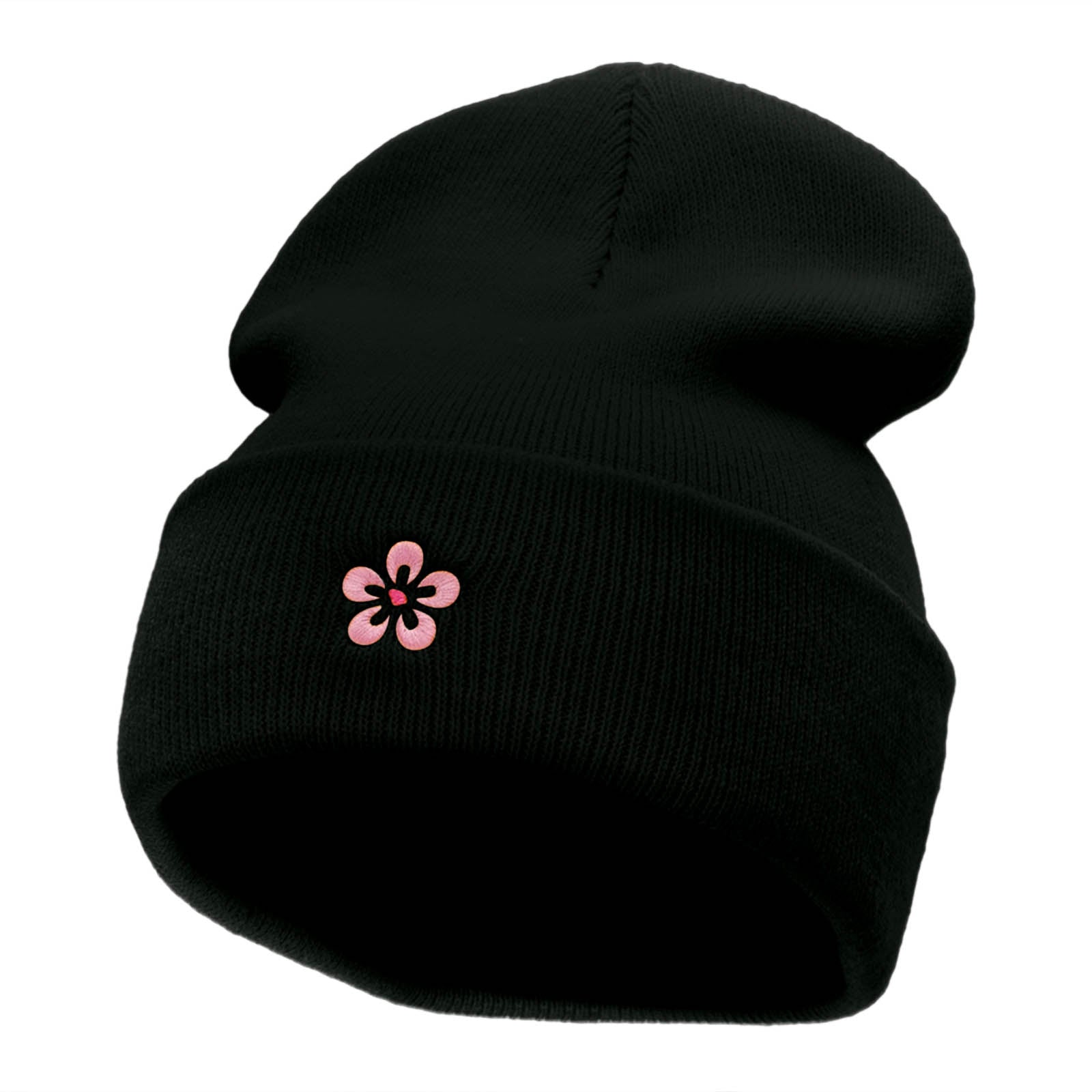 Japanese Cherry Blossom Embroidered 12 Inch Long Knitted Beanie - Black OSFM