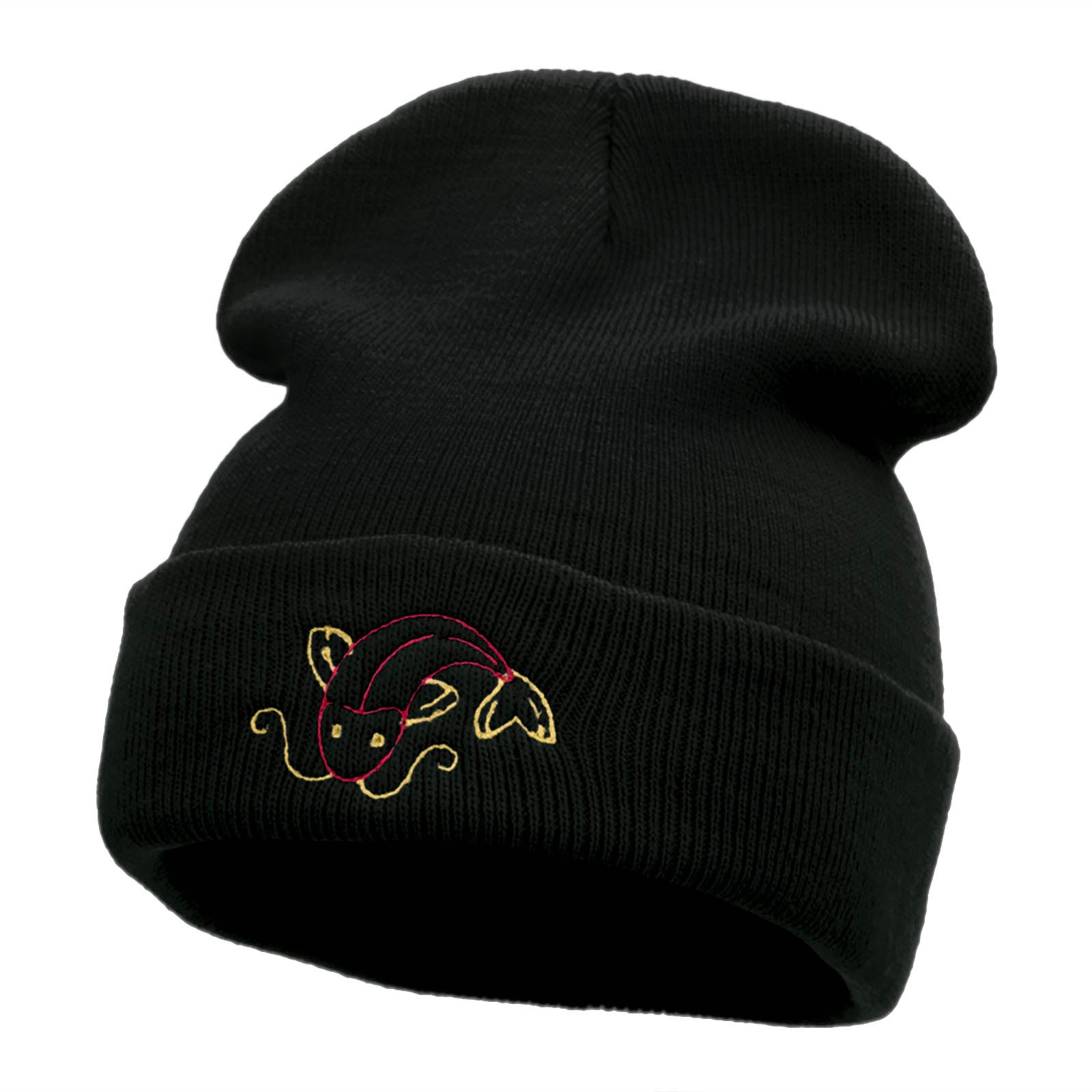 Koi Fish Embroidered 12 Inch Long Knitted Beanie - Black OSFM