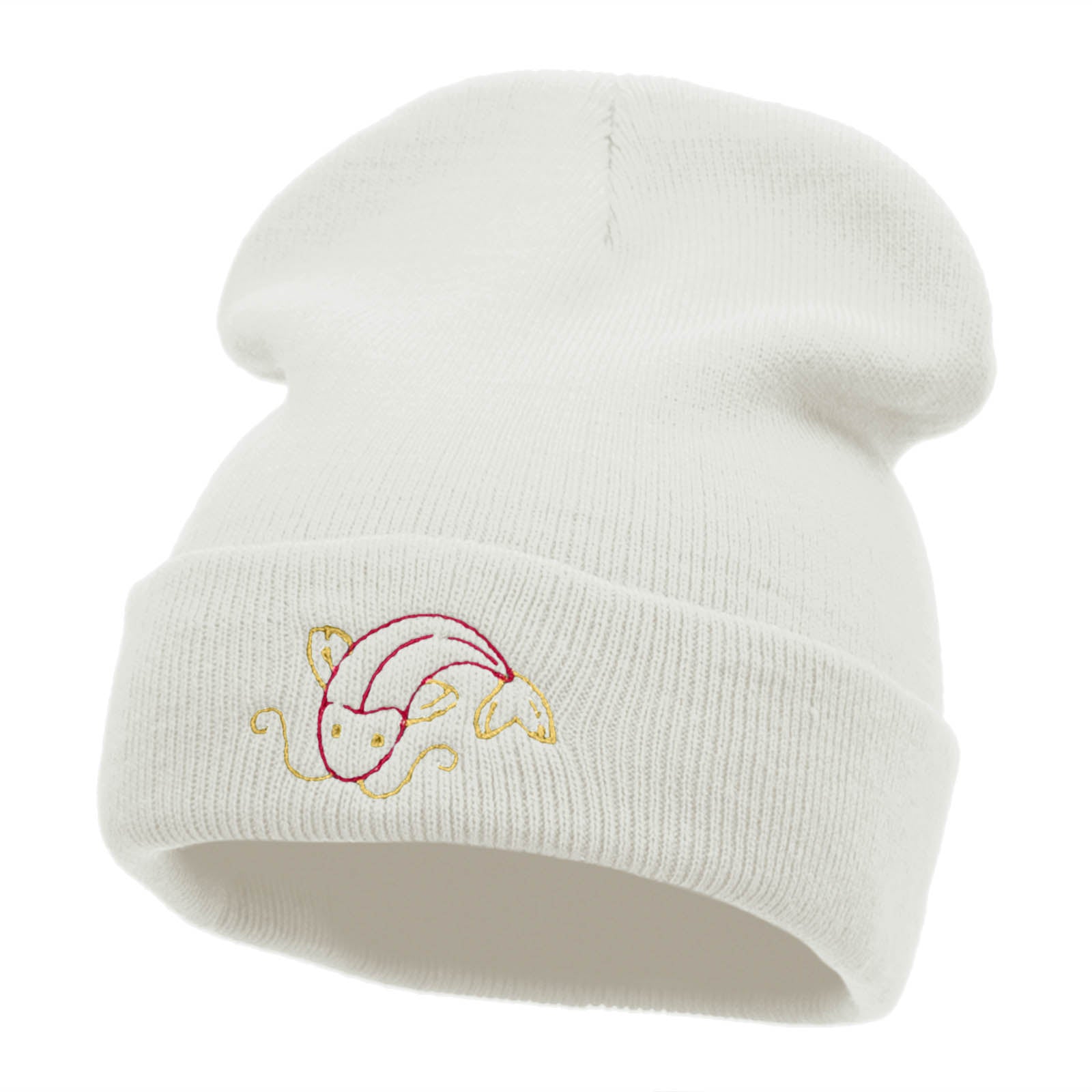 Koi Fish Embroidered 12 Inch Long Knitted Beanie - White OSFM