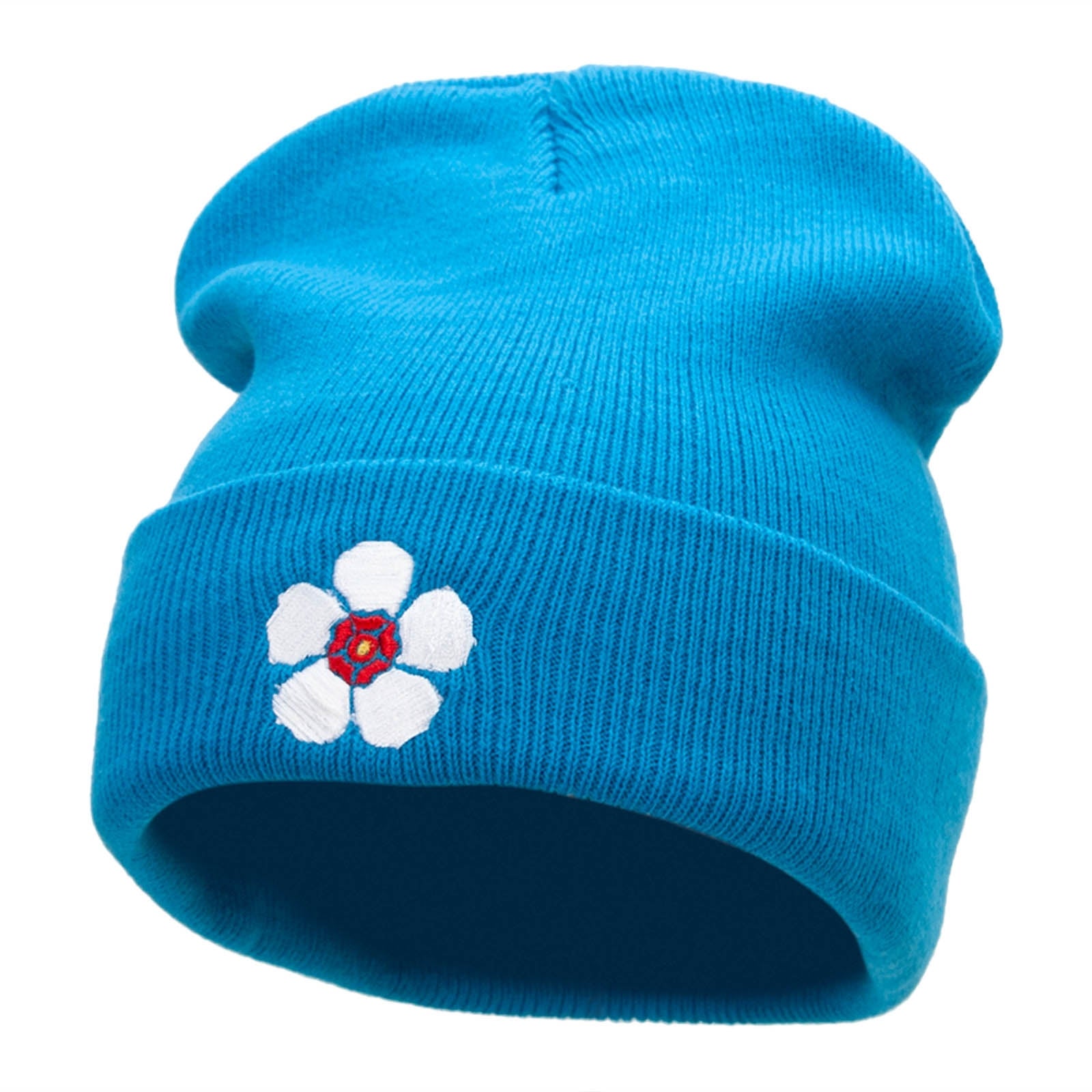 Korean Hibiscus Embroidered 12 Inch Long Knitted Beanie - Aqua OSFM