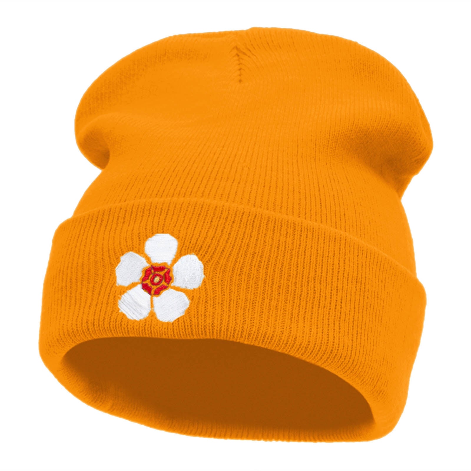 Korean Hibiscus Embroidered 12 Inch Long Knitted Beanie - Yellow OSFM