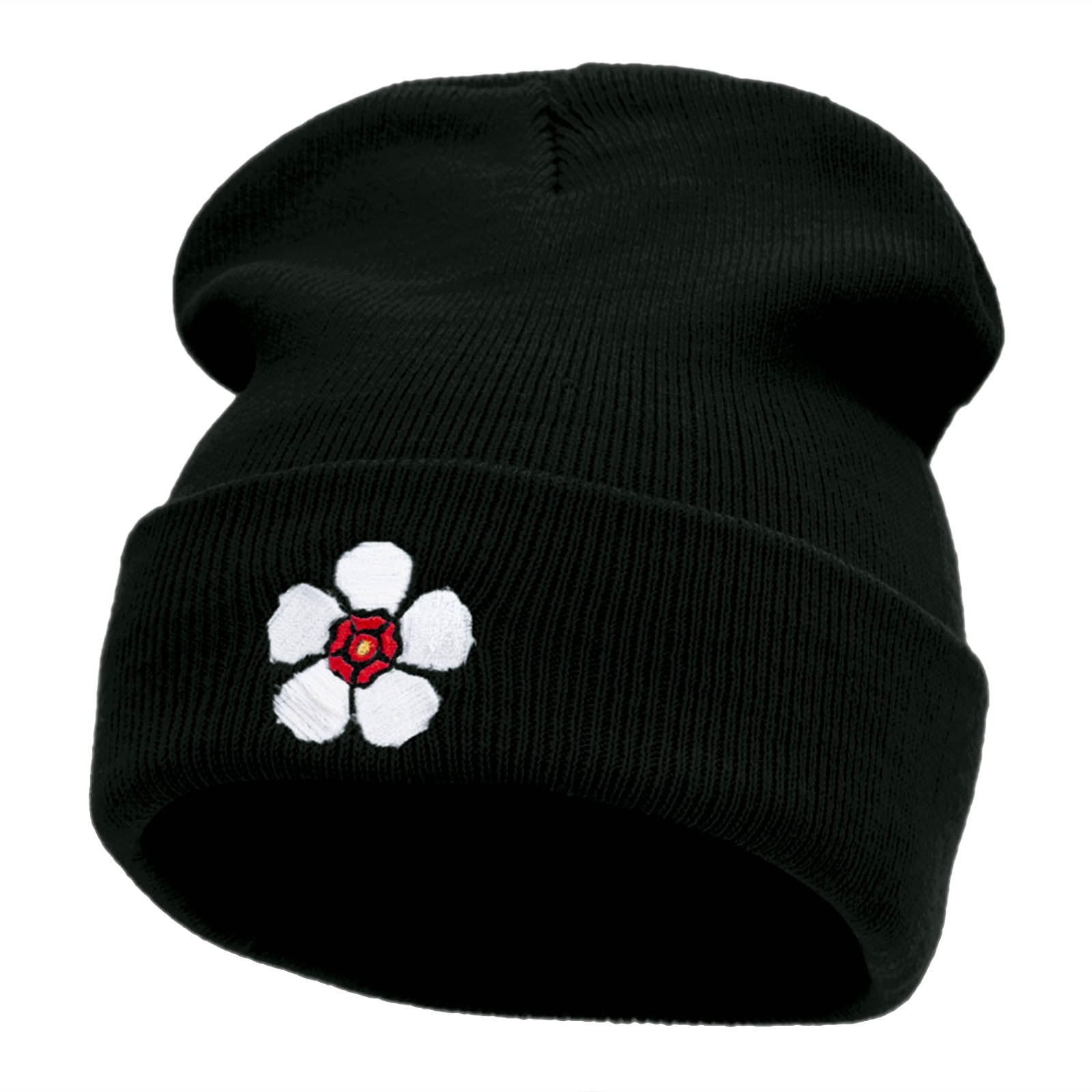 Korean Hibiscus Embroidered 12 Inch Long Knitted Beanie - Black OSFM
