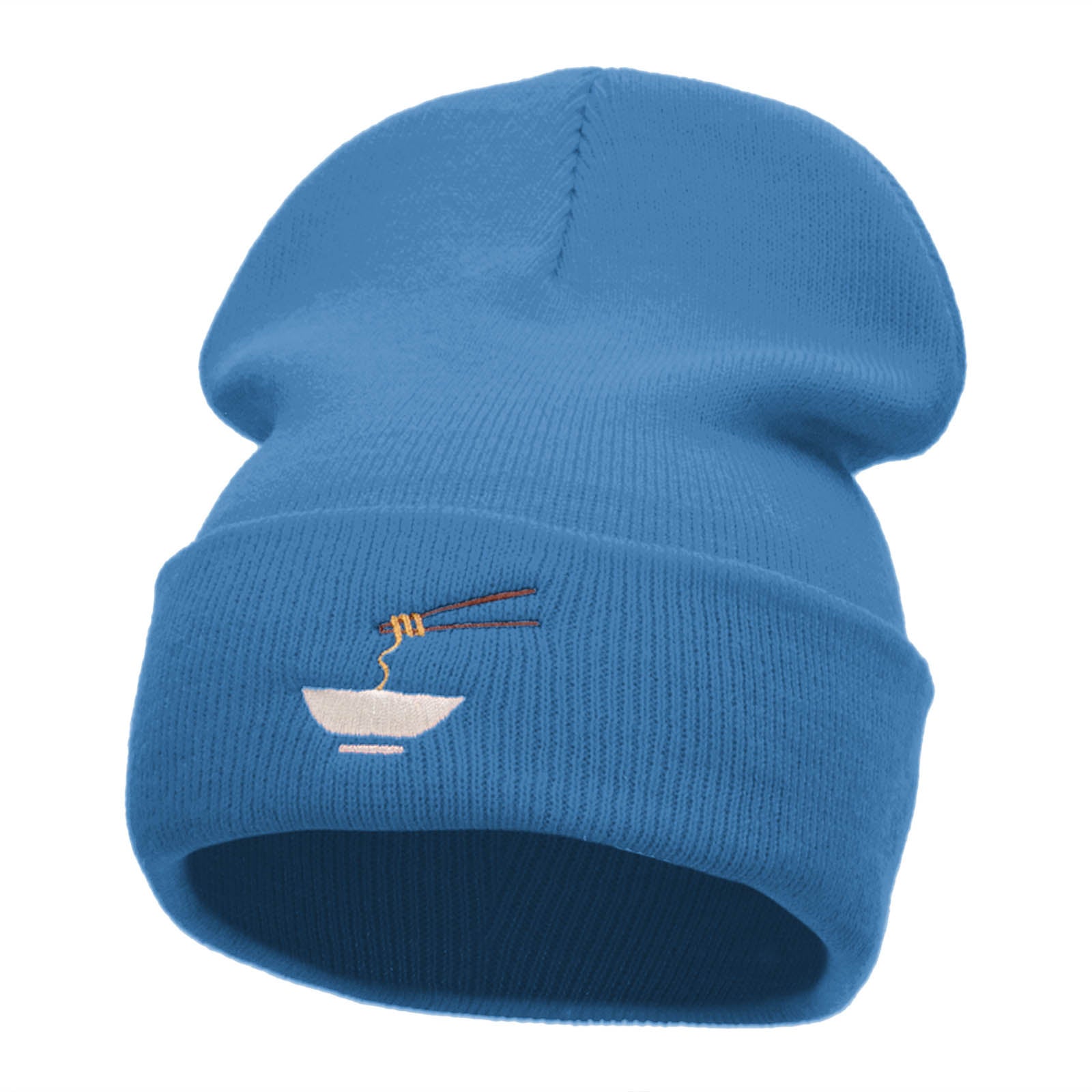 Noodle Bowl Embroidered 12 Inch Long Knitted Beanie - Sky Blue OSFM