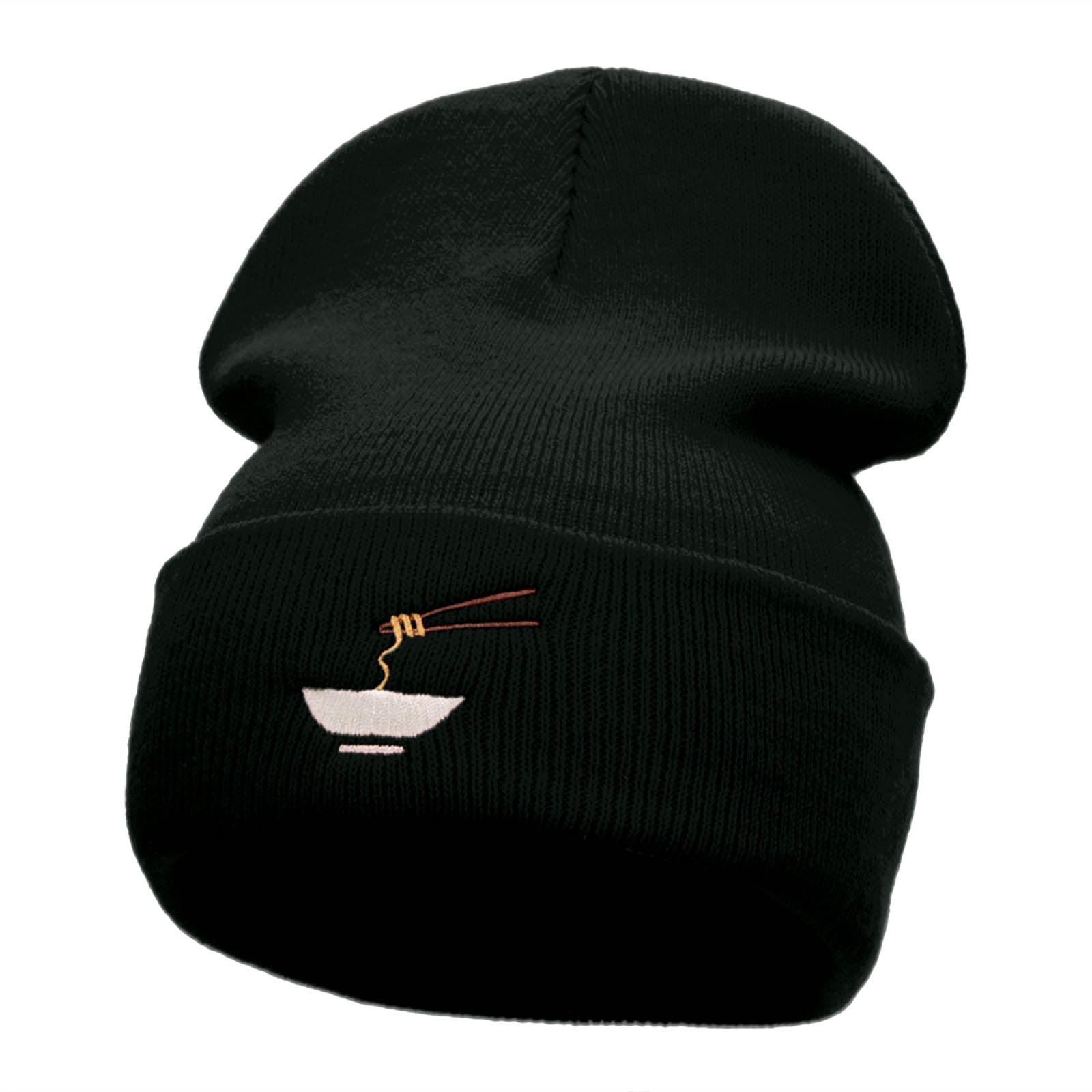 Noodle Bowl Embroidered 12 Inch Long Knitted Beanie - Black OSFM