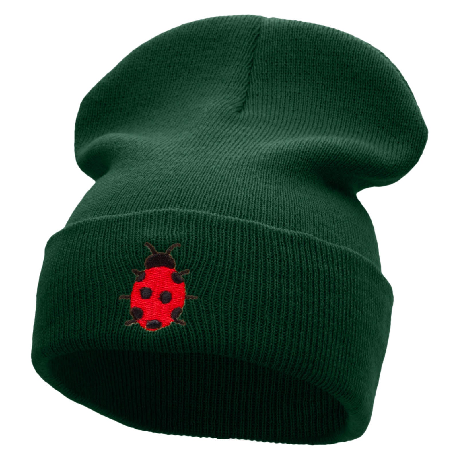Lady Bug Embroidered 12 Inch Solid Long Beanie Made in USA - Hunter Green OSFM