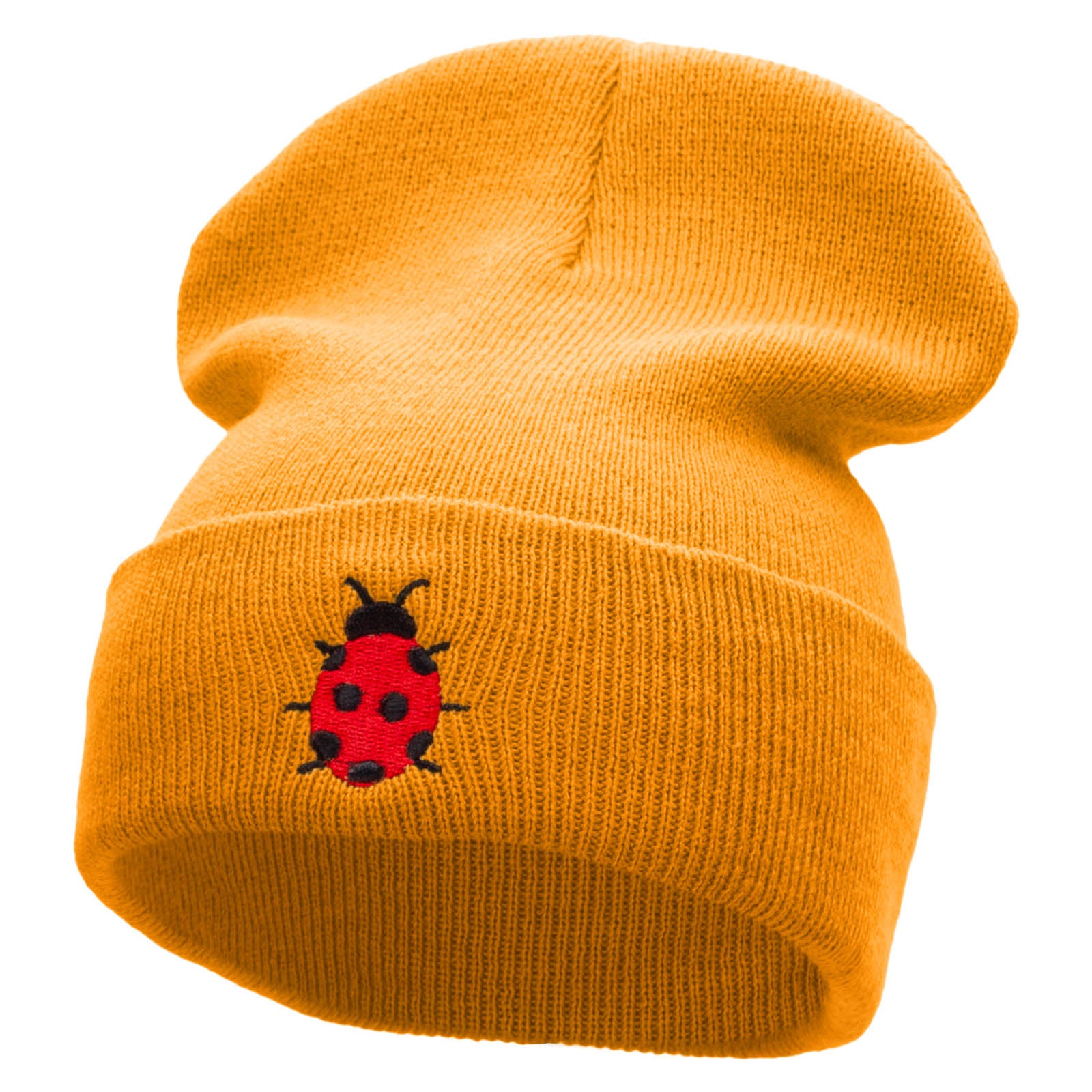 Lady Bug Embroidered 12 Inch Solid Long Beanie Made in USA - Gold OSFM