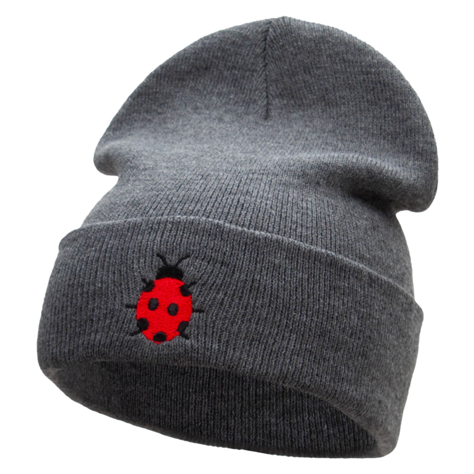 Lady Bug Embroidered 12 Inch Solid Long Beanie Made in USA - Dk Grey OSFM