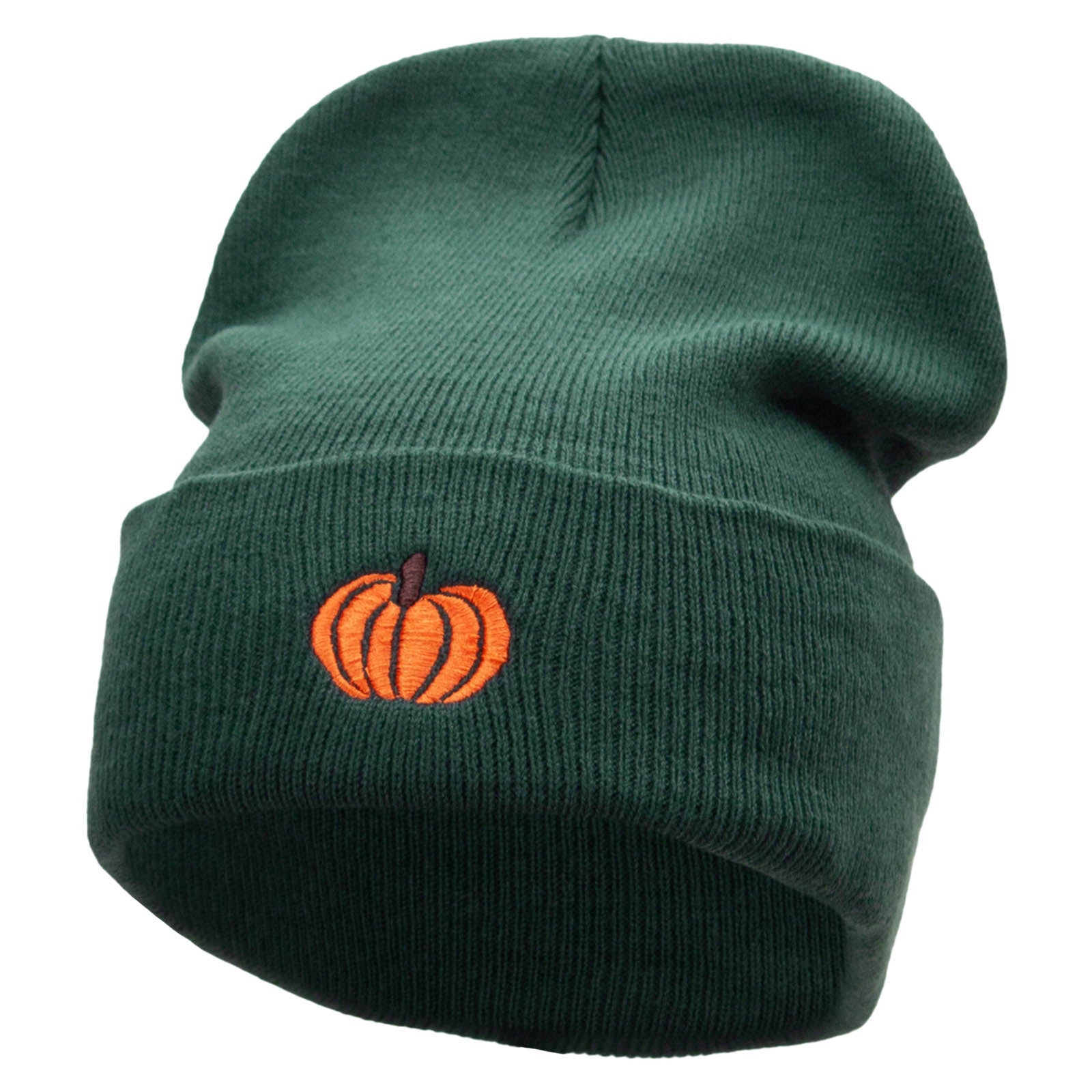 Autumn Pumpkin Embroidered 12 Inch Long Knitted Beanie - Dk Green OSFM