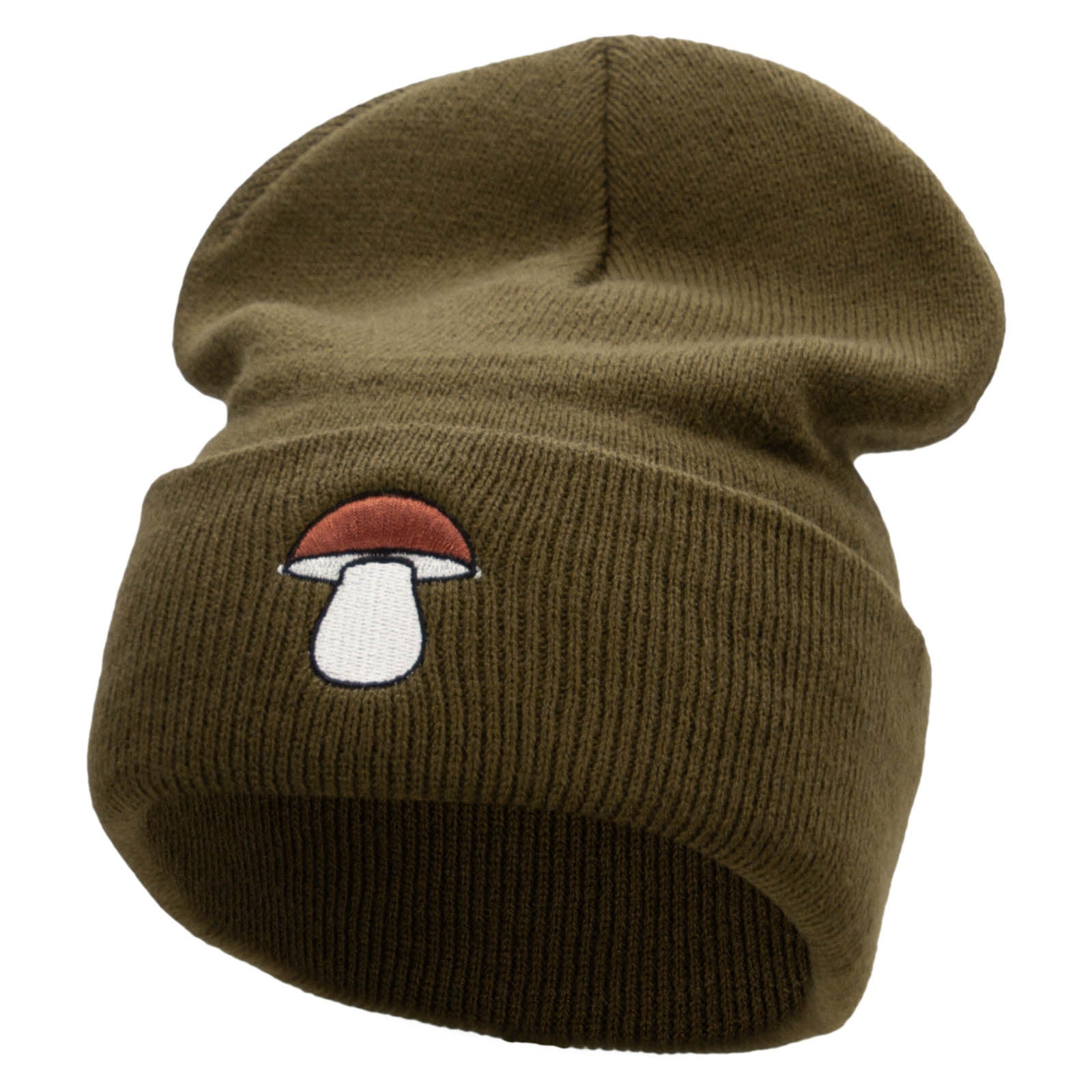 Porcini Shroom Embroidered 12 Inch Long Knitted Beanie - Olive OSFM