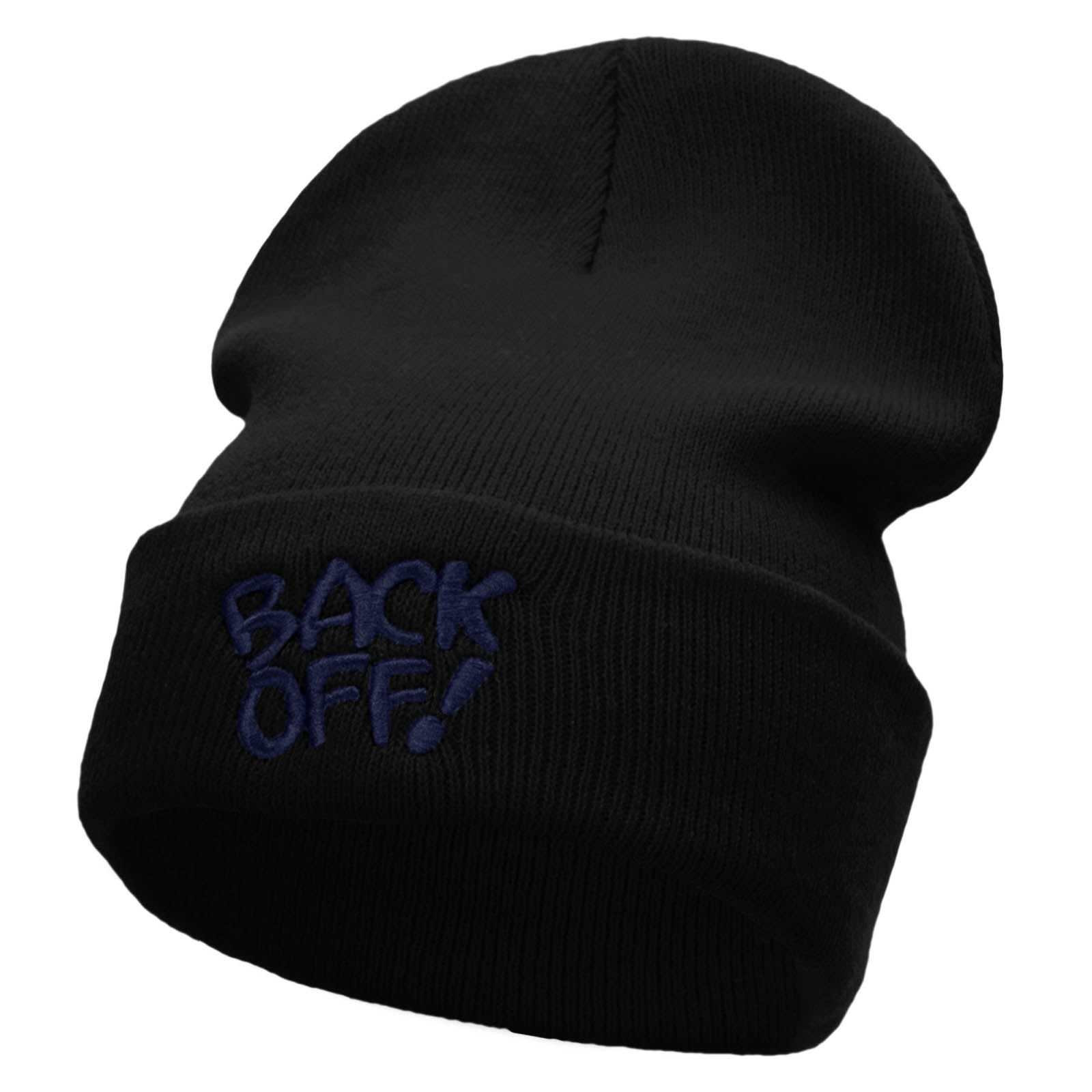 Back Off Phrase Embroidered 12 Inch Long Knitted Beanie - Black OSFM