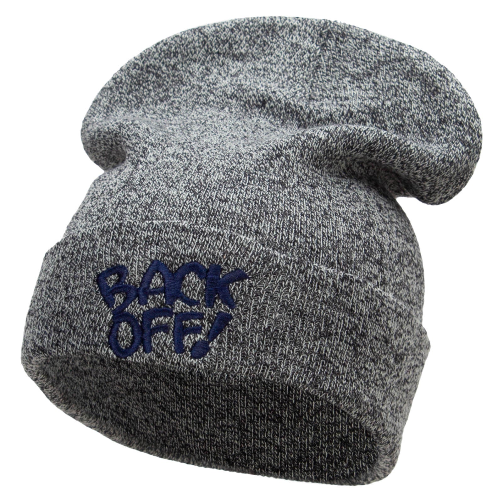 Back Off Phrase Embroidered 12 Inch Long Knitted Beanie - Black Marled OSFM