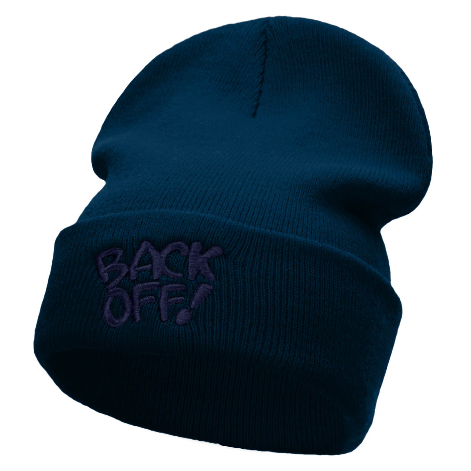 Back Off Phrase Embroidered 12 Inch Long Knitted Beanie - Navy OSFM