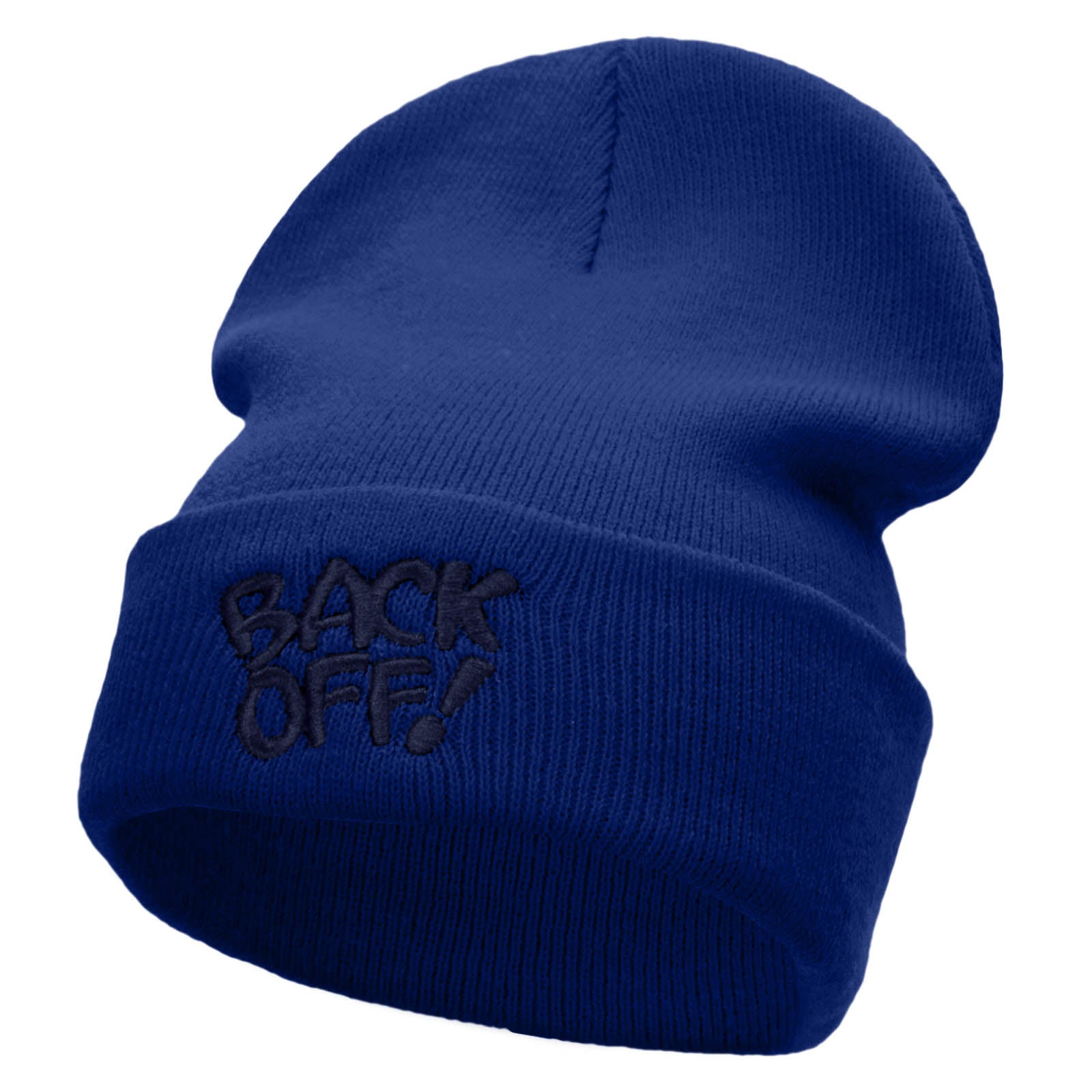 Back Off Phrase Embroidered 12 Inch Long Knitted Beanie - Royal OSFM