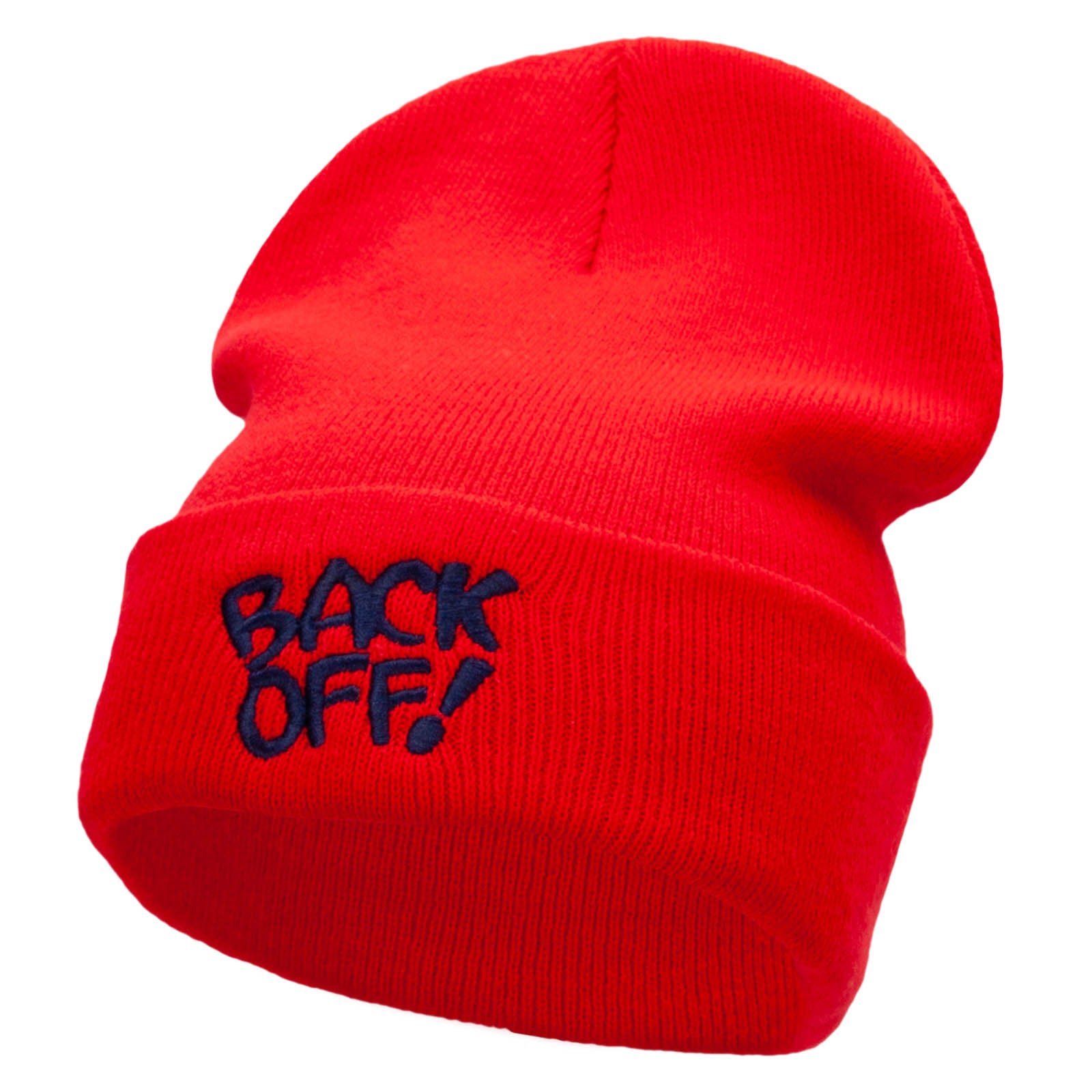 Back Off Phrase Embroidered 12 Inch Long Knitted Beanie - Red OSFM