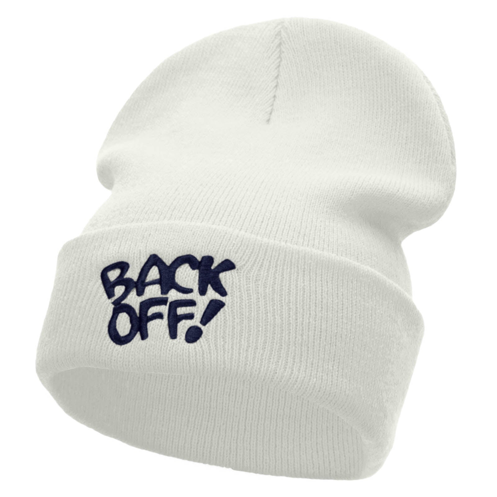 Back Off Phrase Embroidered 12 Inch Long Knitted Beanie - White OSFM