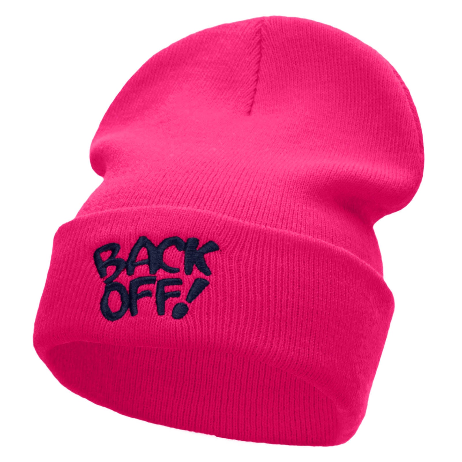 Back Off Phrase Embroidered 12 Inch Long Knitted Beanie - Magenta OSFM