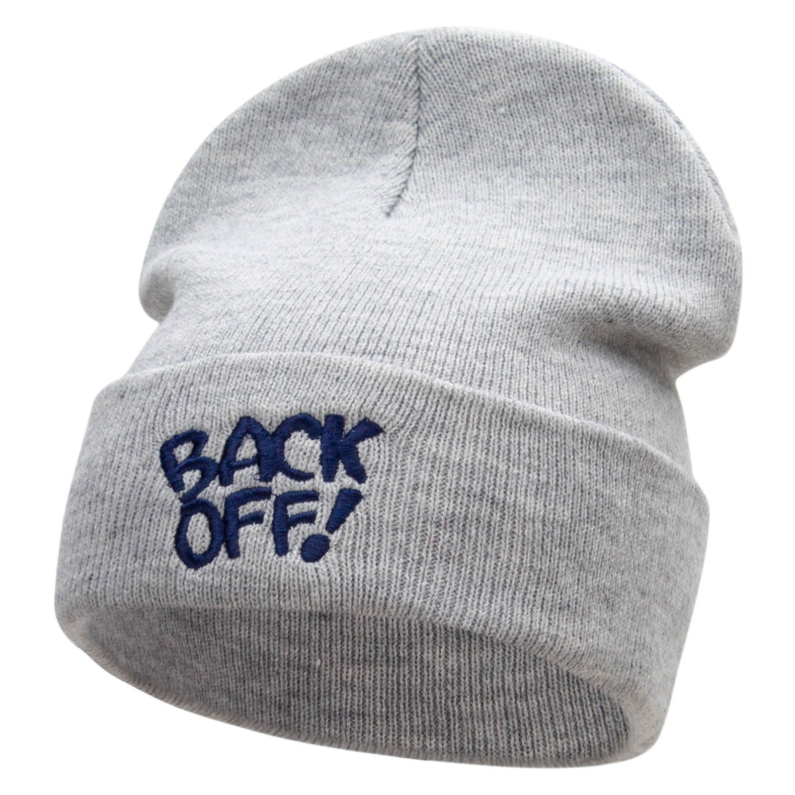 Back Off Phrase Embroidered 12 Inch Long Knitted Beanie - Heather Grey OSFM