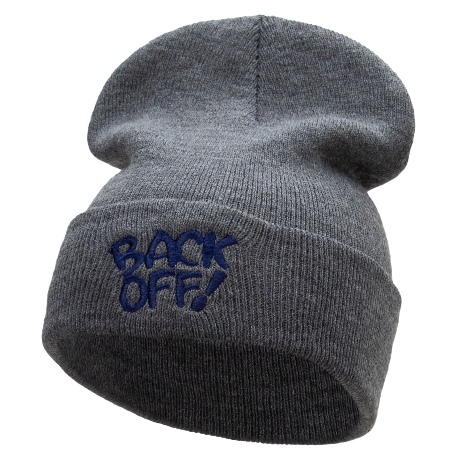 Back Off Phrase Embroidered 12 Inch Long Knitted Beanie - Heather Charcoal OSFM