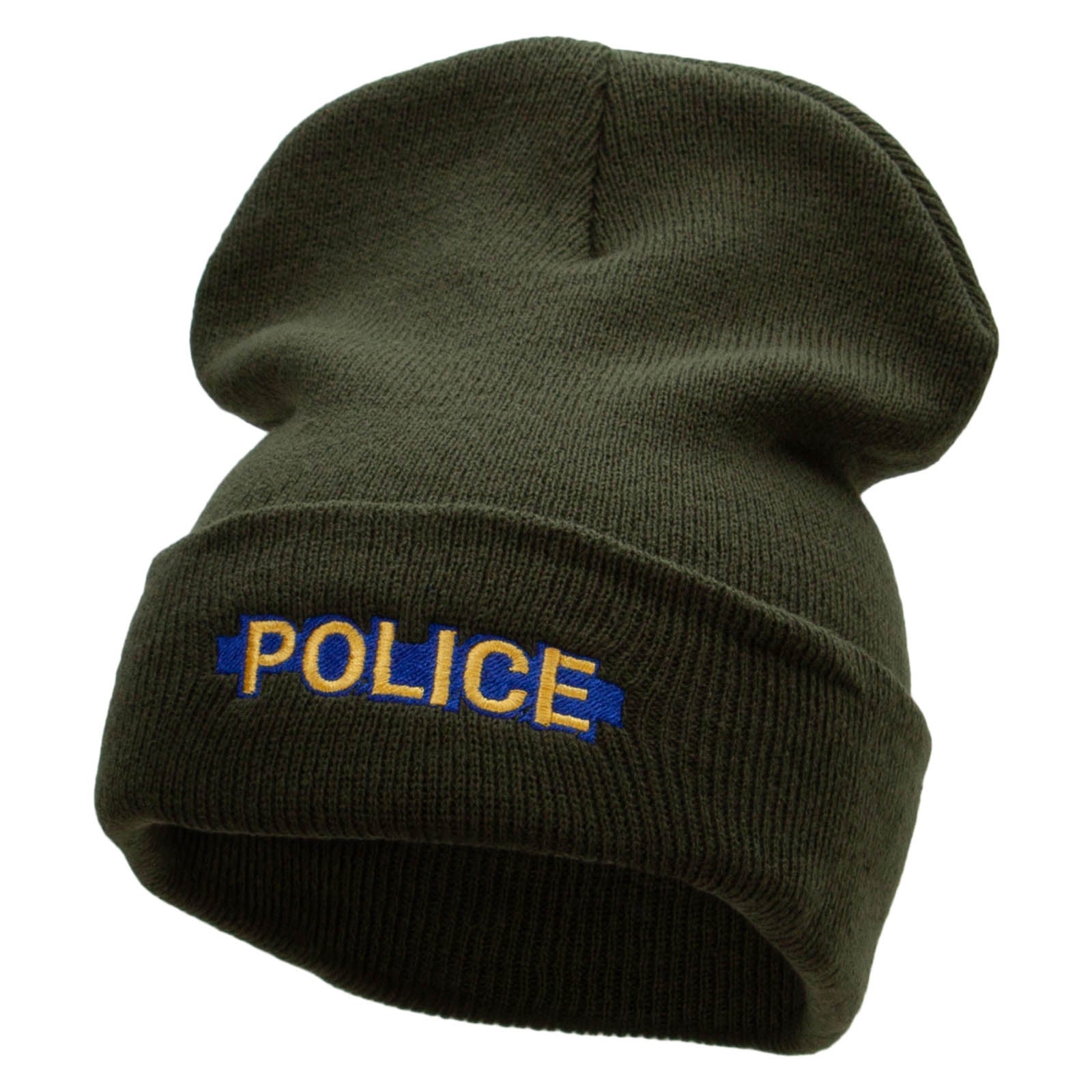 Police Blue Line Embroidered 12 Inch Solid Long Beanie Made in USA - Olive OSFM